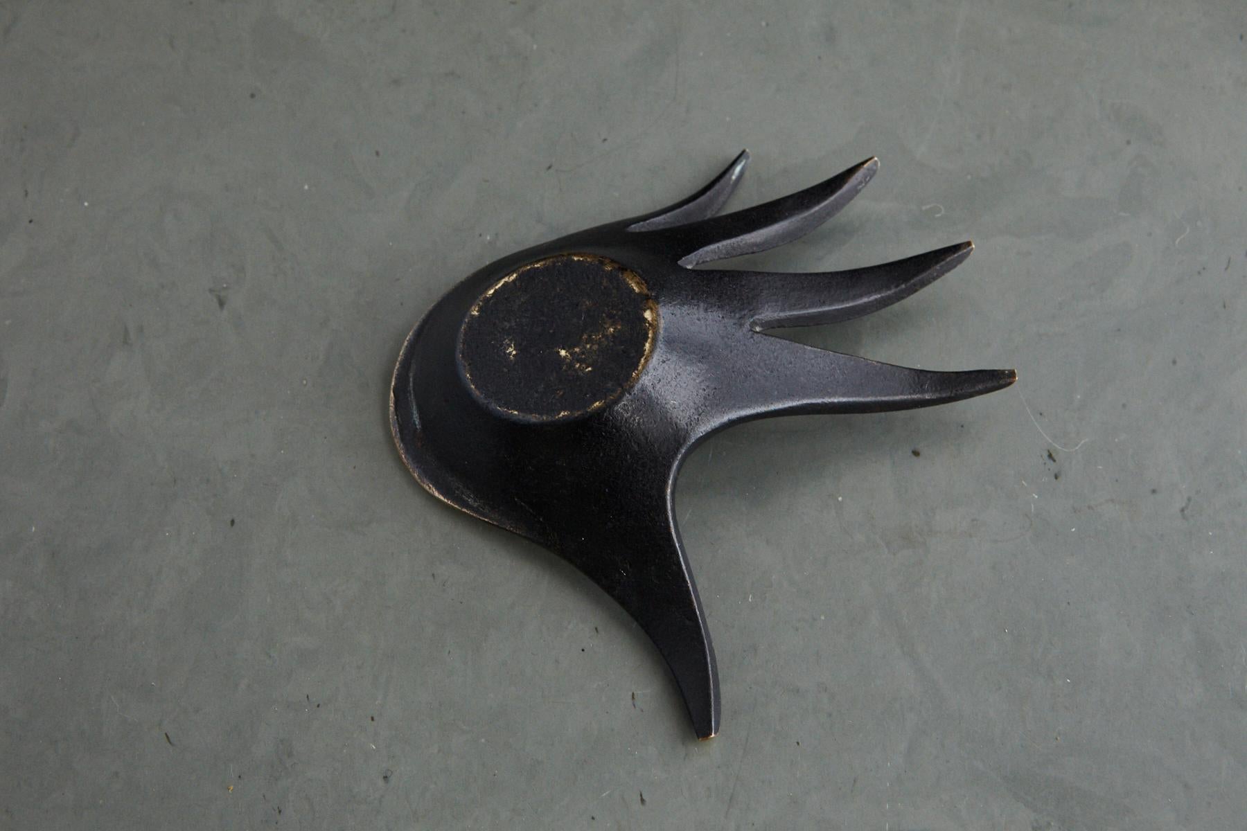Blackened Walter Bosse Style Brass Hand Ashtray Patinated in Black and Polished Brass