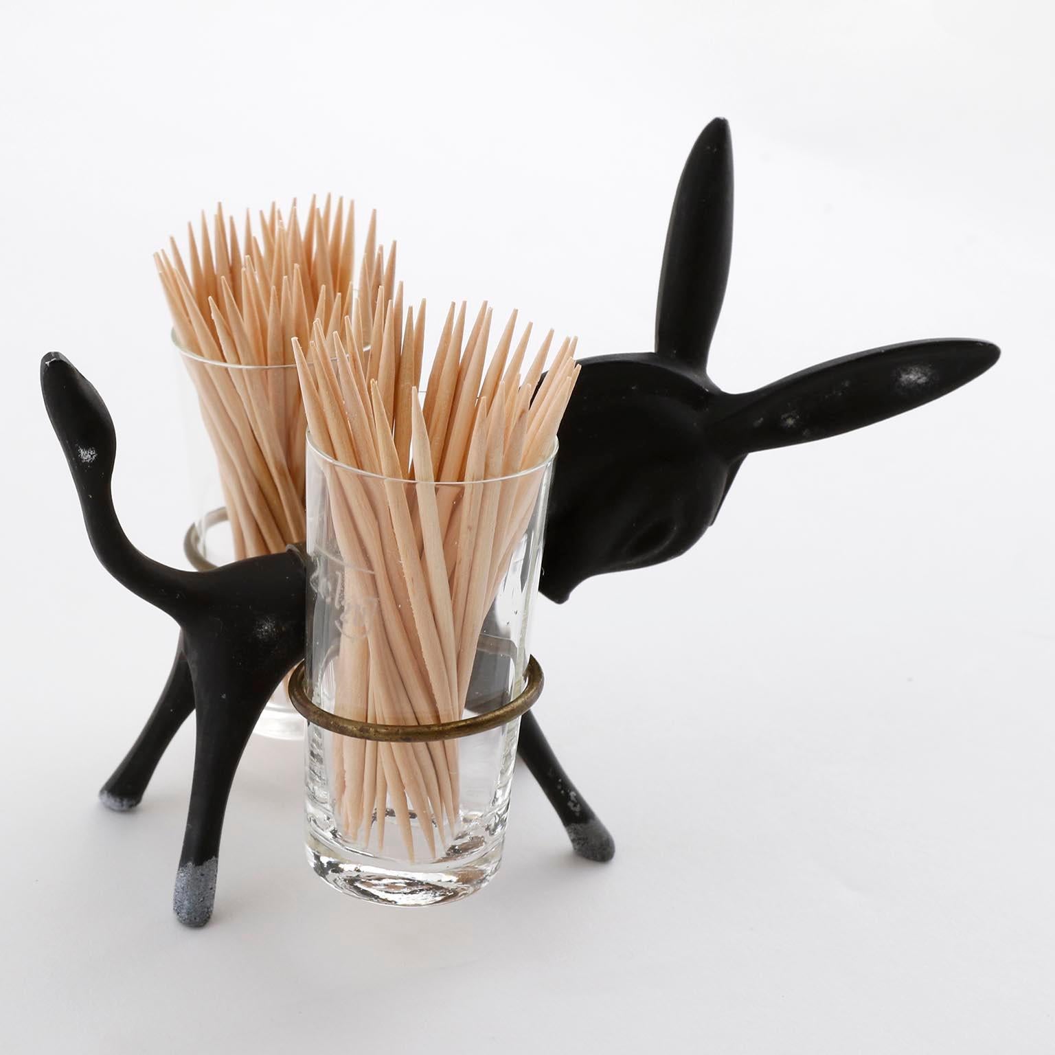 Mid-Century Modern Walter Bosse Toothpick Holder Donkey Set, Black Brass Glass, Hertha Baller, 1950 For Sale
