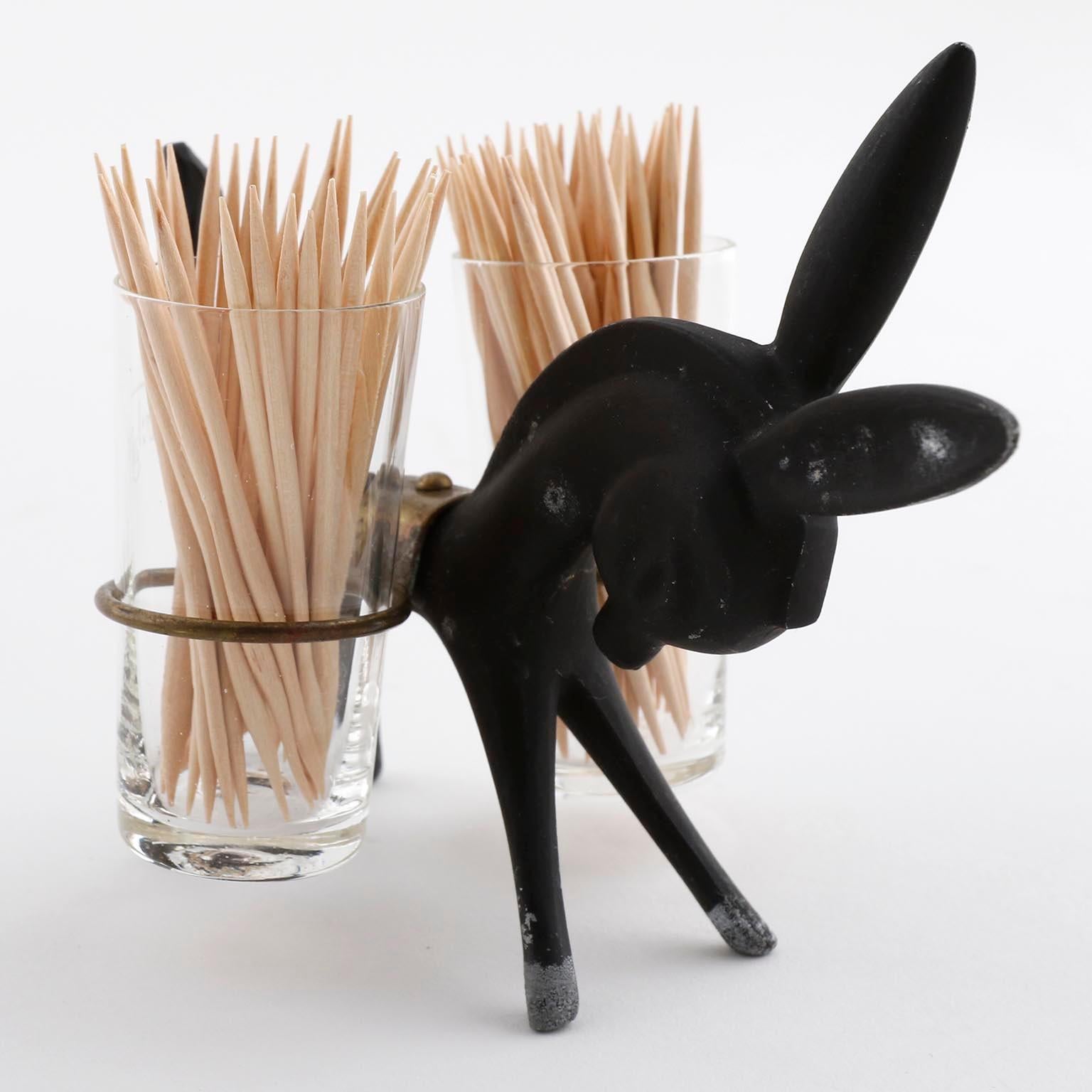 Austrian Walter Bosse Toothpick Holder Donkey Set, Black Brass Glass, Hertha Baller, 1950 For Sale