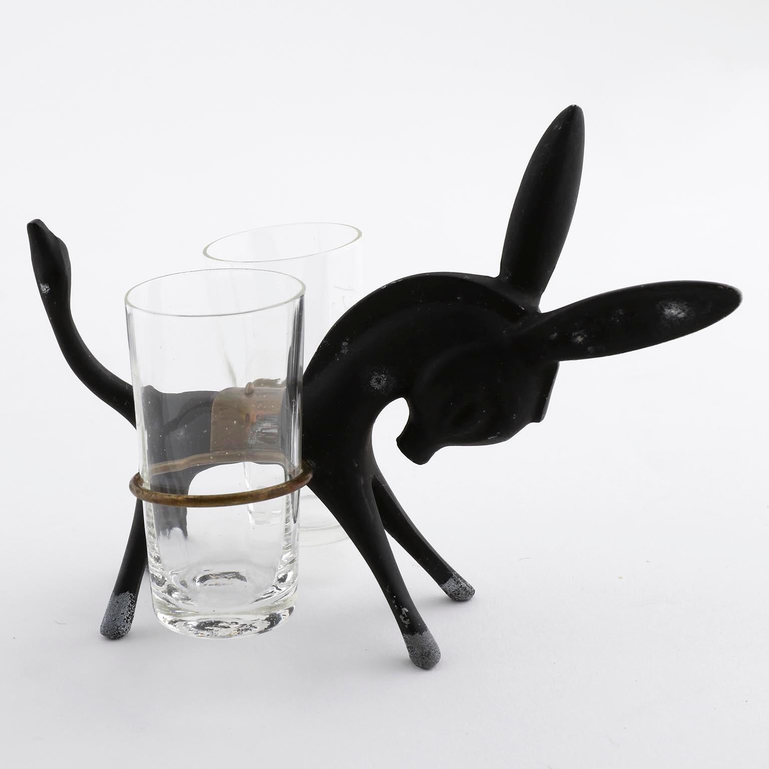 Walter Bosse Toothpick Holder Donkey Set, Black Brass Glass, Hertha Baller, 1950 In Good Condition For Sale In Hausmannstätten, AT