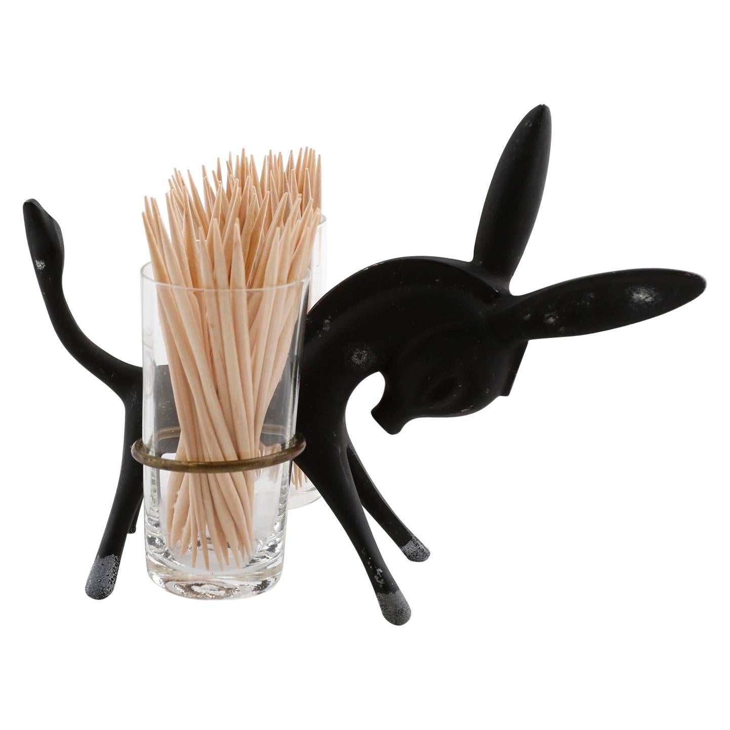 Walter Bosse Toothpick Holder Donkey Set, Black Brass Glass, Hertha Baller, 1950
