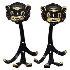 Walter Bosse Two Lion Zoo Brass Animal Wall Hooks, Herta Baller, Austria,  1950s