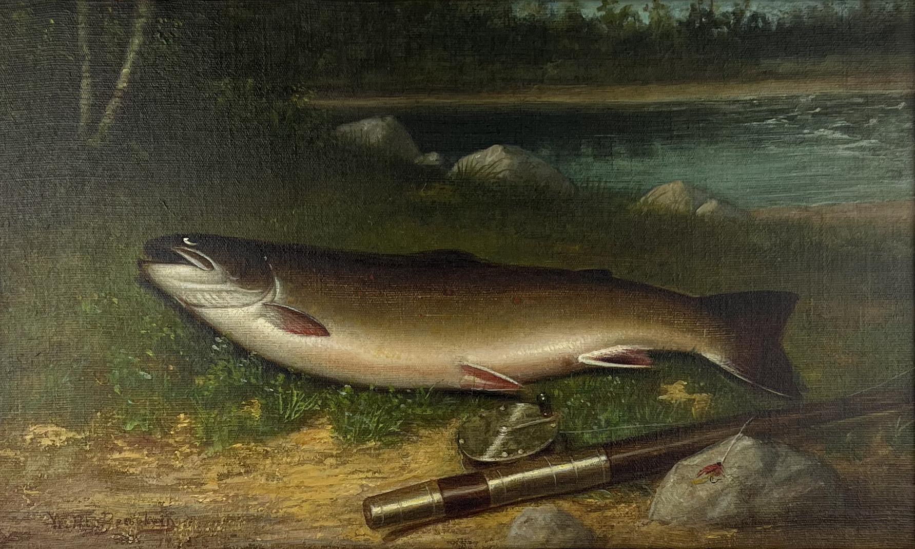 Regenbogenforelle - Neuengland-Stillleben des späten 19. Jahrhunderts. Naturalistisches Ölgemälde – Painting von Walter Brackett