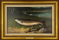 Trota arcobaleno - Natura morta del New England della fine del XIX secolo. Pittura ad olio naturalista