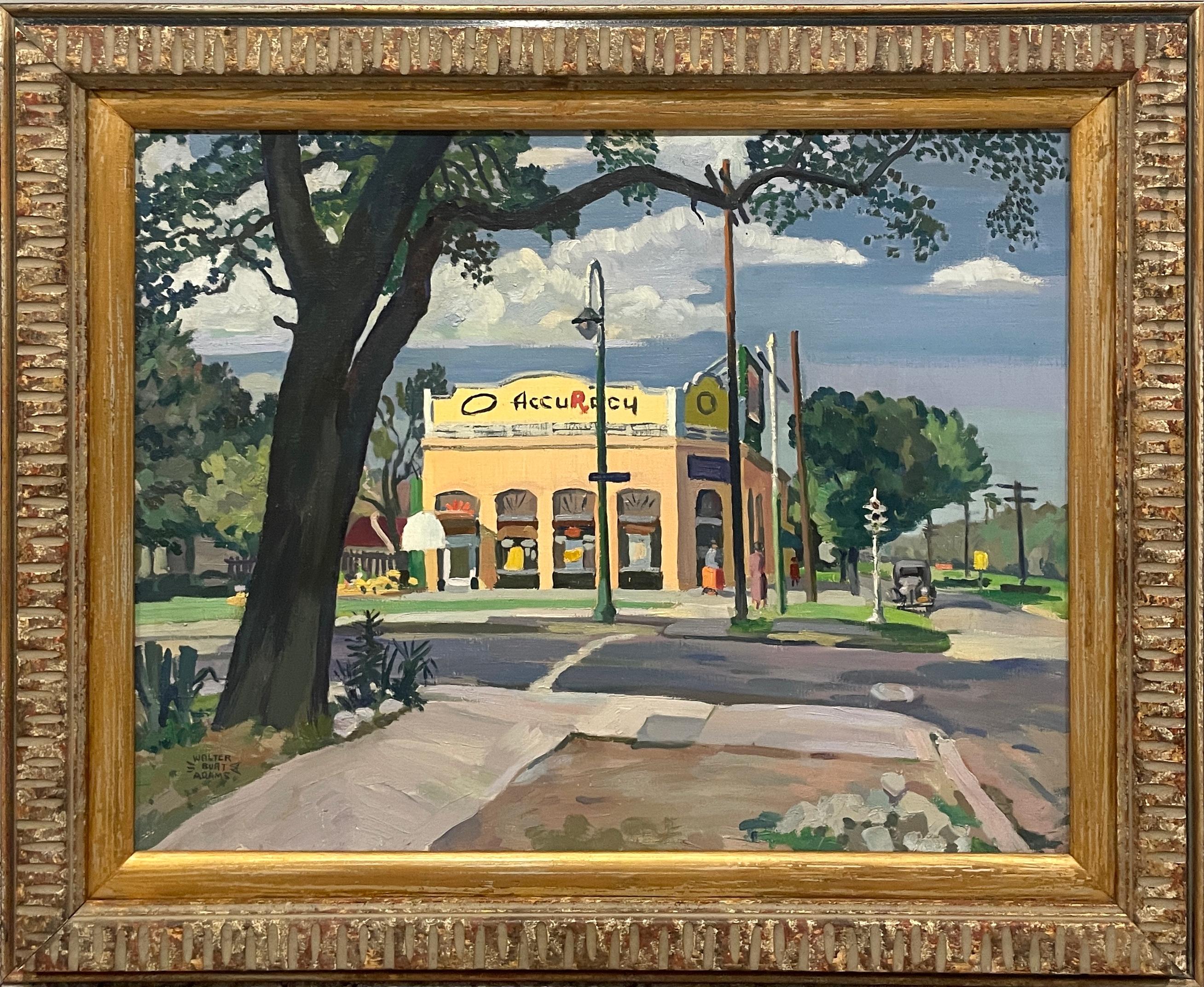 Landscape Painting de Walter Burt Adams - Se expone una escena urbana de estilo moderno de la década de 1930 de la calle St. Charles, en Nueva Orleans — AIC
