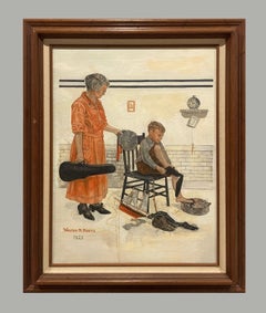 Un affascinante dipinto degli anni '20 raffigurante una madre e un bambino, illustrazione After Norman Rockwell