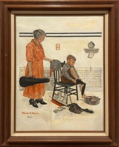Una encantadora pintura de los años 20 que representa a una madre y su hijo, ilustración After Norman Rockwell