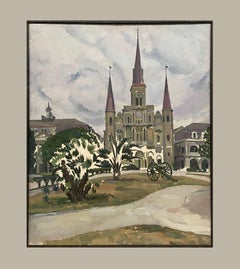 Une grande peinture moderne des années 1930 représentant Jackson Square, à La Nouvelle-Orléans, et la cathédrale Saint-Louis
