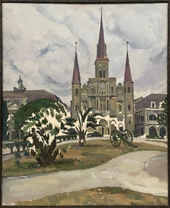Une grande peinture moderne des années 1930 représentant Jackson Square, à La Nouvelle-Orléans, et la cathédrale Saint-Louis