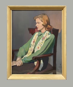 Un grande e suggestivo ritratto in stile moderno degli anni ’40 che raffigura una giovane donna seduta con una camicetta verde