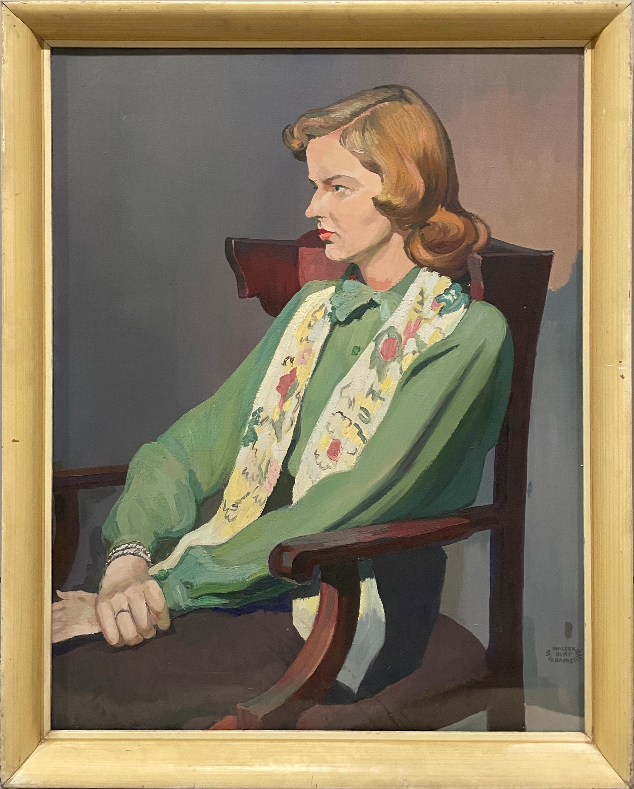 Ein großes, eindrucksvolles modernes Porträt aus den 1940er Jahren, das eine sitzende junge Frau in einer grünen Bluse zeigt
