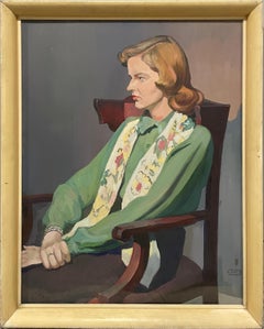 Un retrato moderno, grande y llamativo de los años 40 que muestra a una joven sentada con una blusa verde