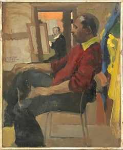 Un llamativo retrato moderno de estudio de un modelo afroamericano sentado