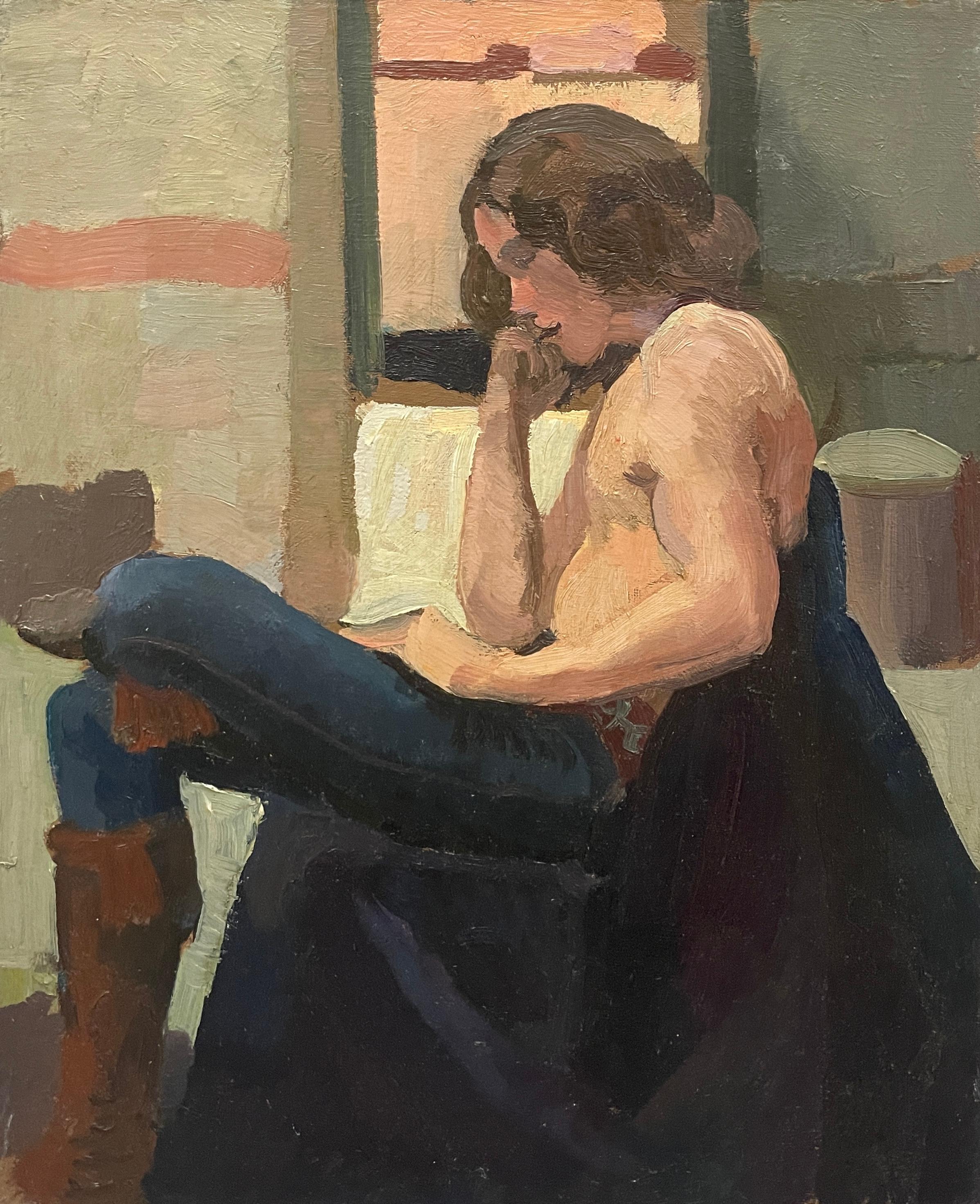 Un suggestivo ritratto in stile moderno del dopoguerra di un giovane modello seduto, realizzato in Studio
