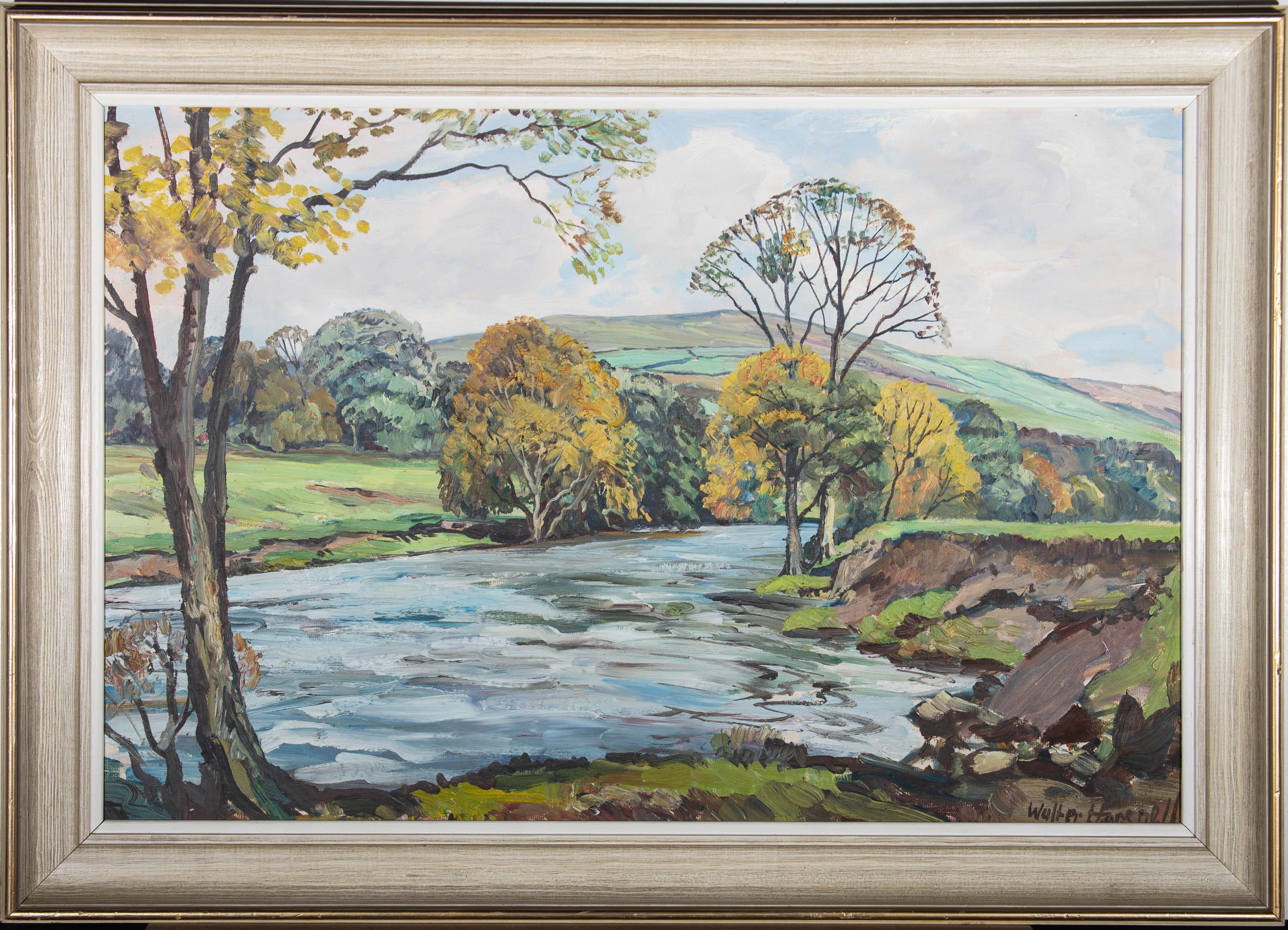 A wonderfully expressive landscape with a river and rolling hills. The artist has captured the movement in this rural scene, using bold, gestural brushstrokes and a soft colour palette. Signed to the lower right. Well presented in a light wood frame