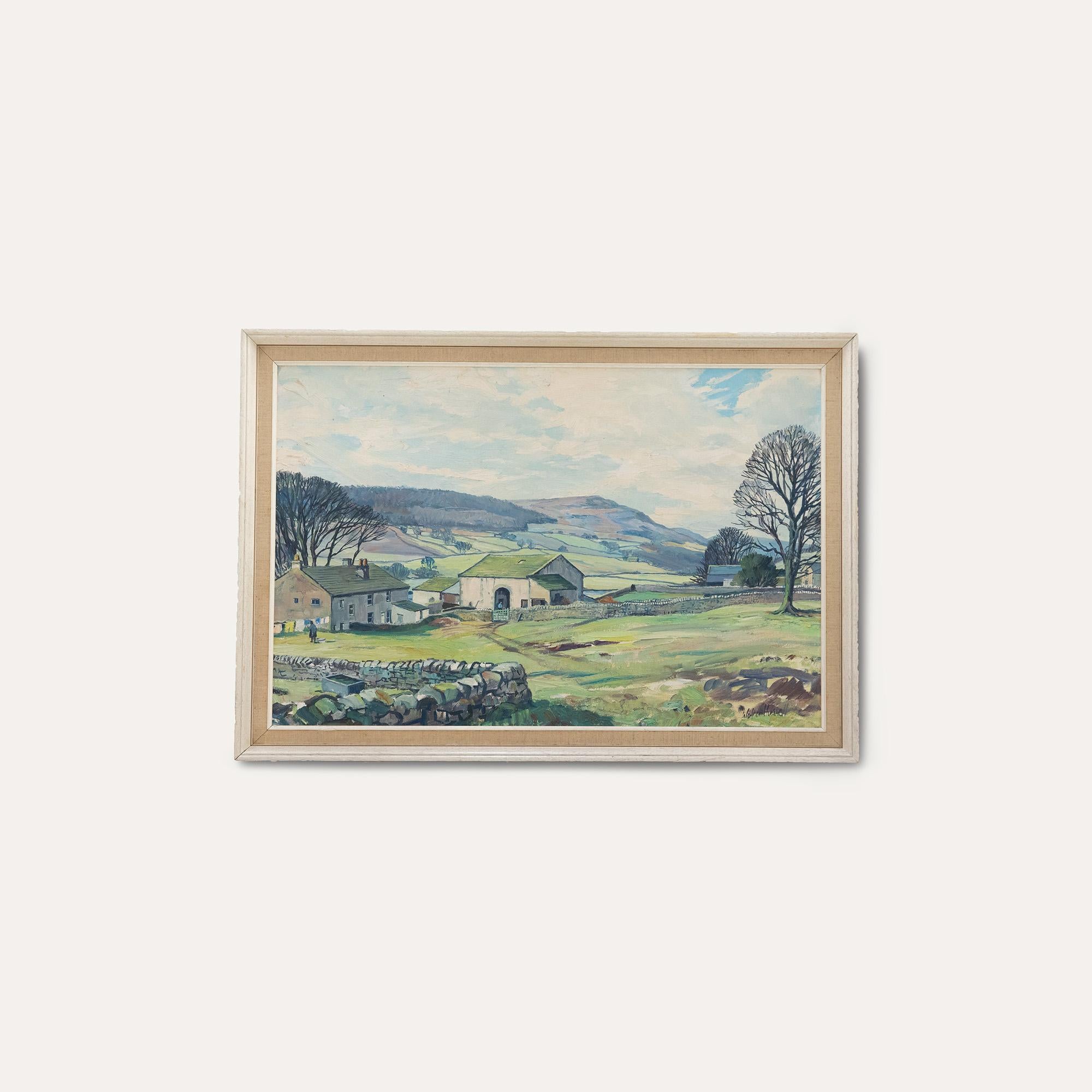 A serene North Yorkshire landscape, painted in an expressive impressionistic style with flashes of vibrant colour. The scene shows a large farmstead fenced in by drystone walls and patchwork fields. The farmer's wife can be seen hanging her washing