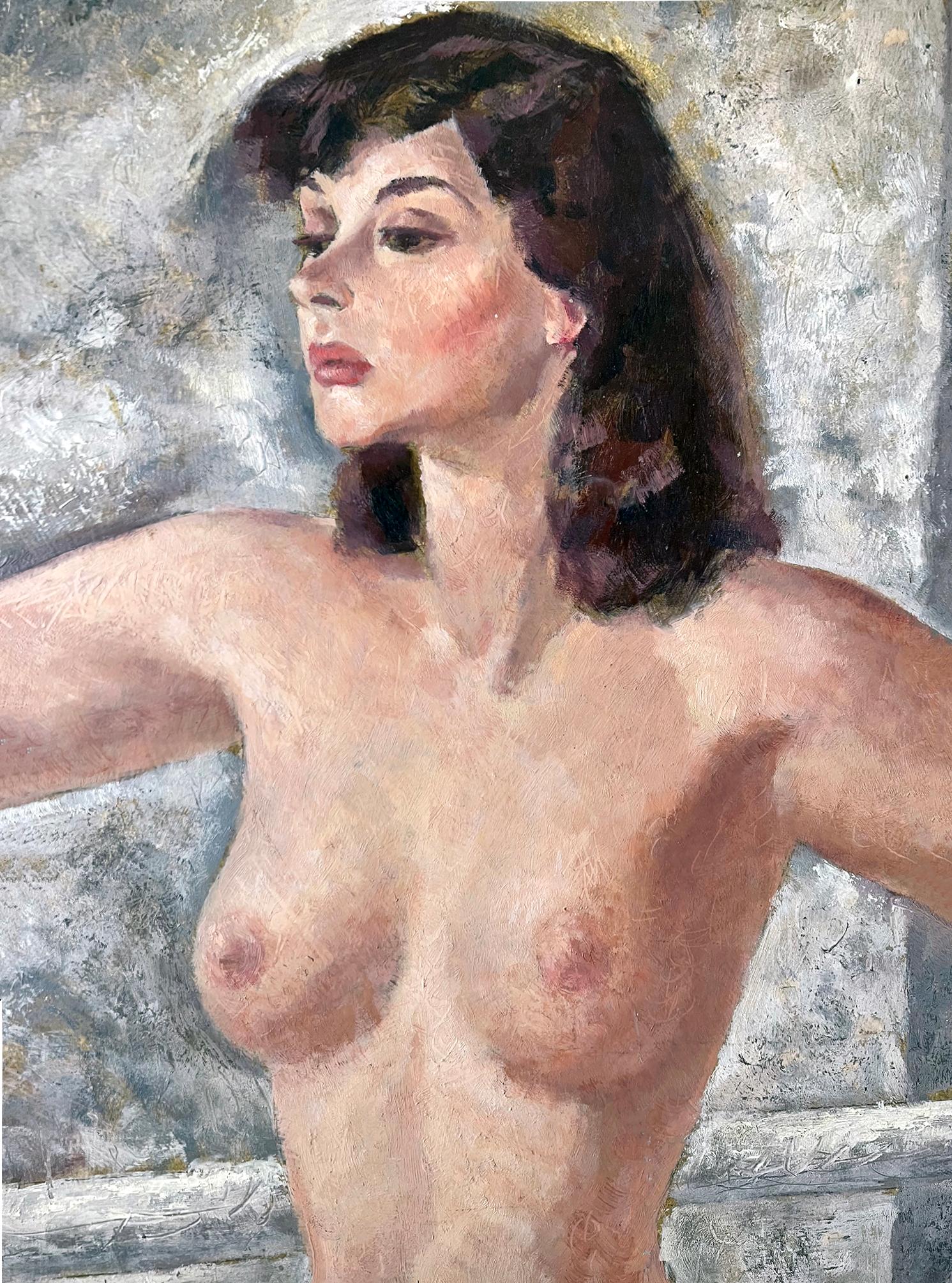 Excellent Mid-century nude by famous illustrator/ artist  Walter Charles Klett.  The work is masterfully painted with a sound understanding of the basic academic principles guiding the human figure's painting. Signed Kleet lower right and with the