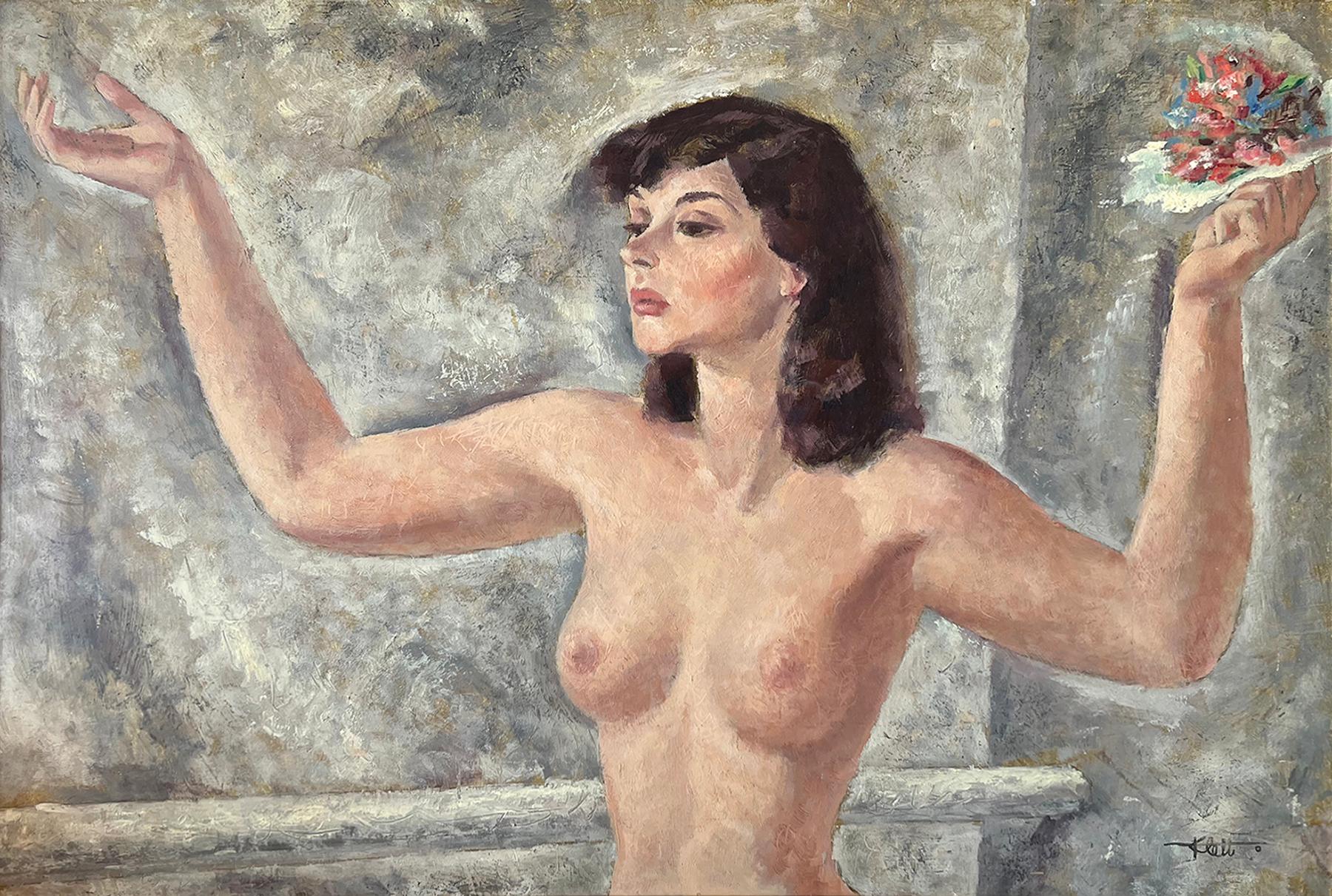 Walter Charles Klett Figurative Painting - Elegant Nude Woman in Dancing - Mid-Century Monochromatic