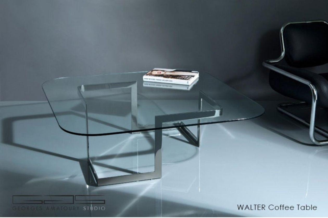 Moderne Table basse Walter avec plateau en verre et base en acier inoxydable en vente