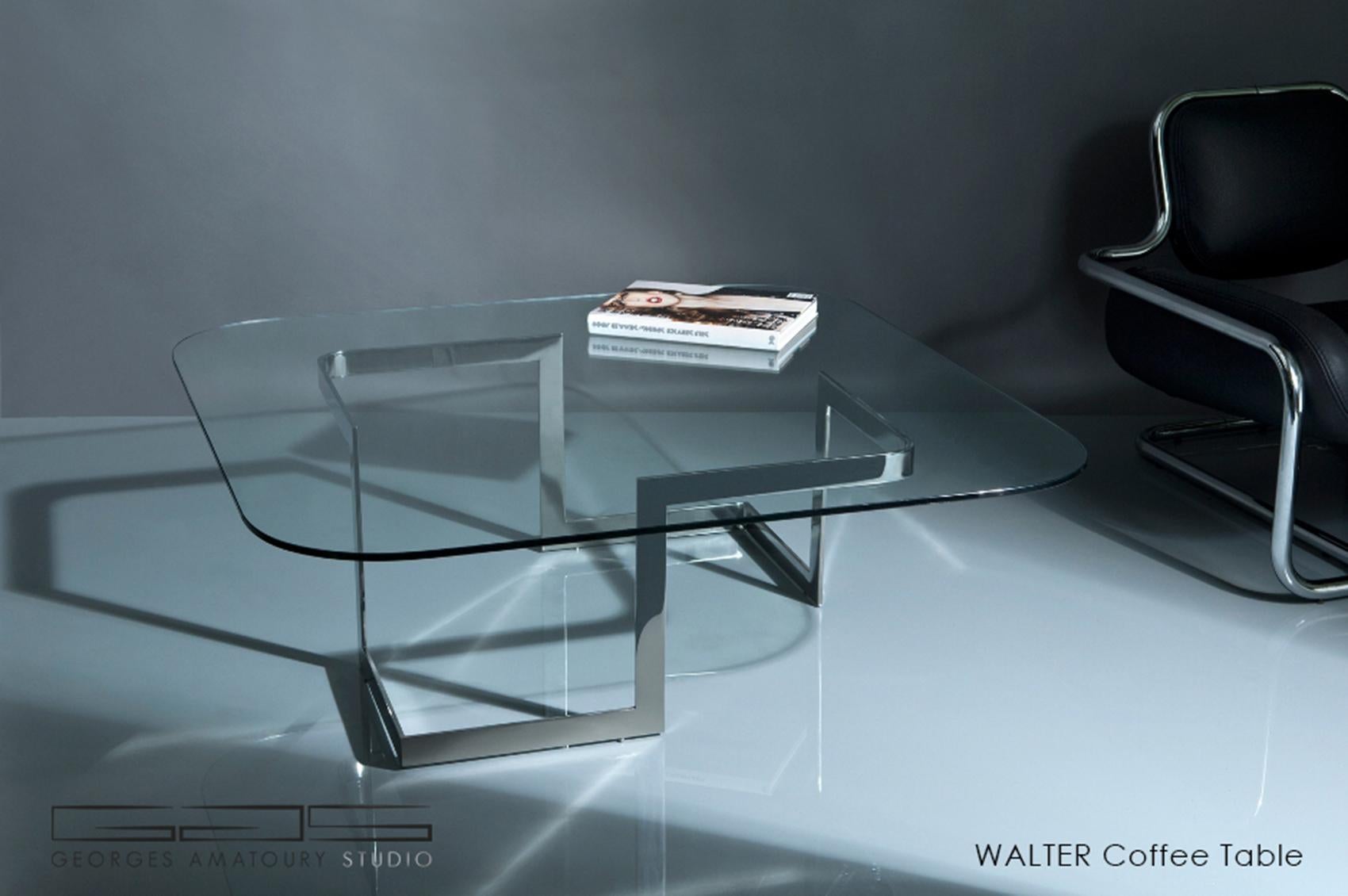 Modern Walter, Coffee Table with glass top and stainless steel base