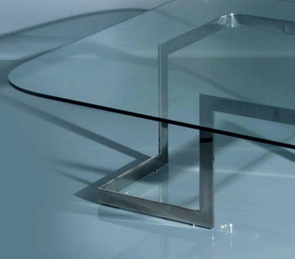 Polished Walter, Coffee Table with Glass Top and Stainless Steel Base For Sale