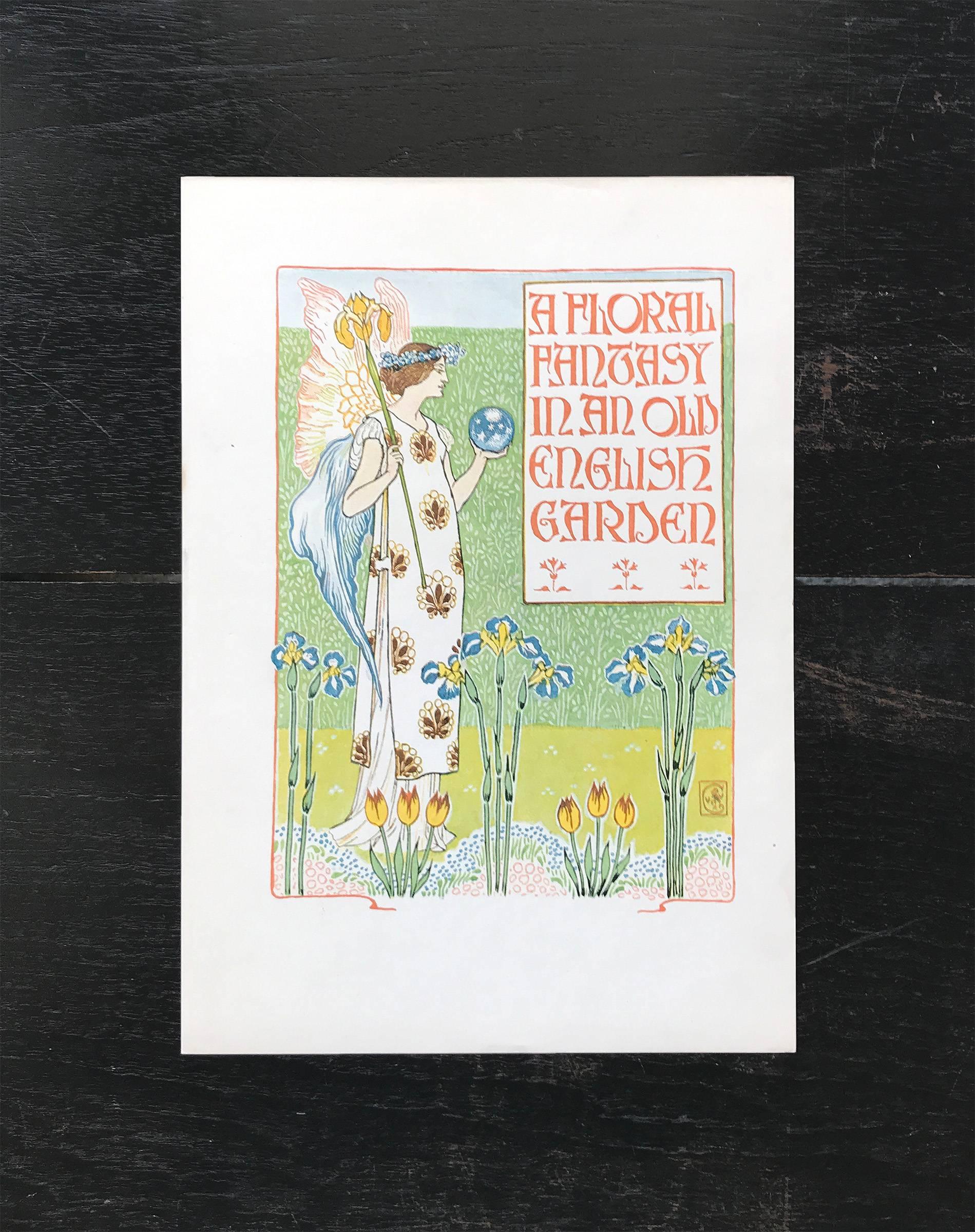Original antique lithograph from Walter Crane's 'A Floral Fantasy in an Old English Garden, set forth in verses and colored designs,' published in London, 1899. Each artwork in the series tells of the hidden life and society of flowers, which are