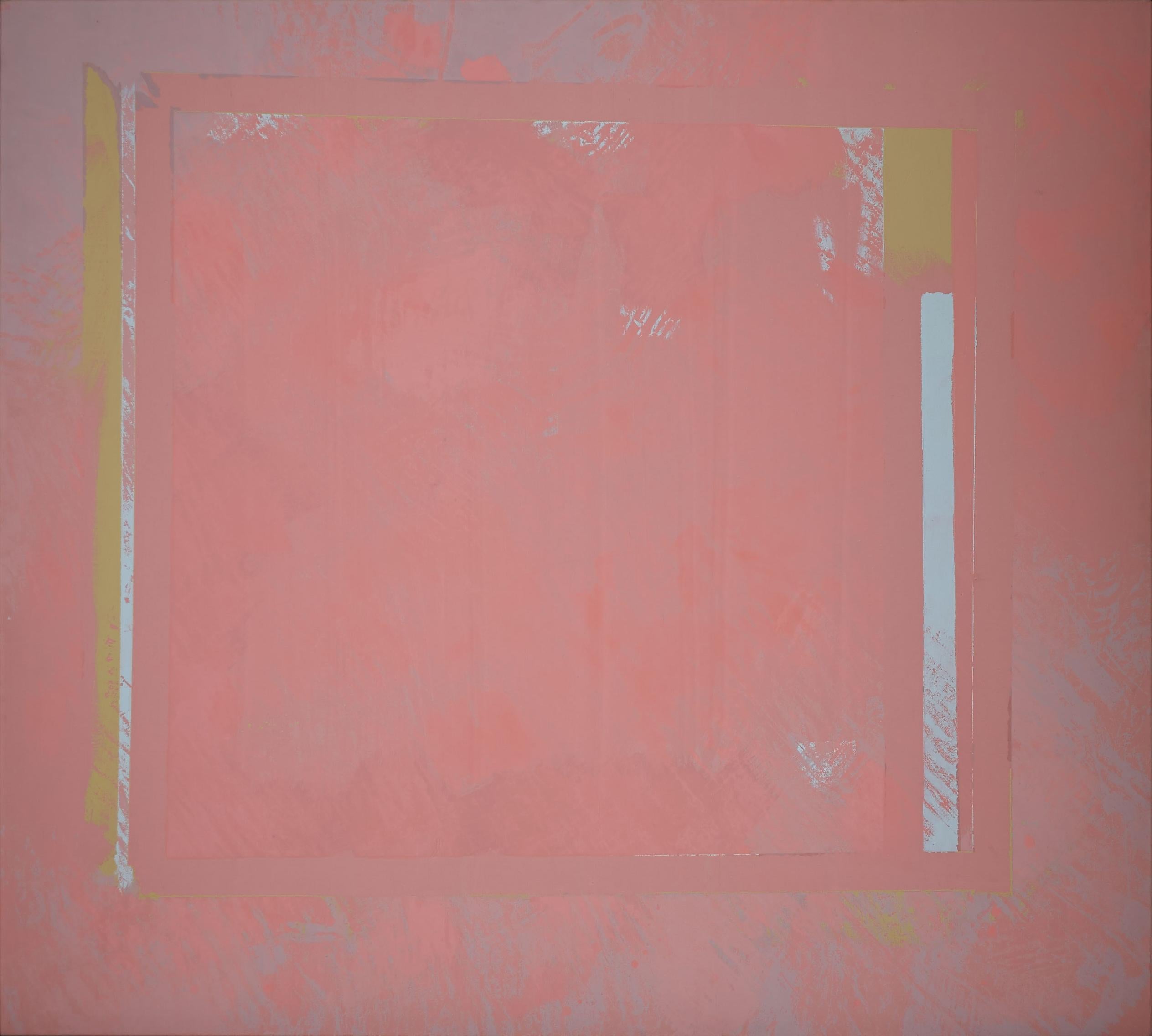 This horizontal oil painting by Walter Darby Bannard is an abstract work with large fields of pink color with highlights of yellow and white.  It is framed in a hand-made white lacquered frame with silver leaf. 

Walter Darby Bannard (American,