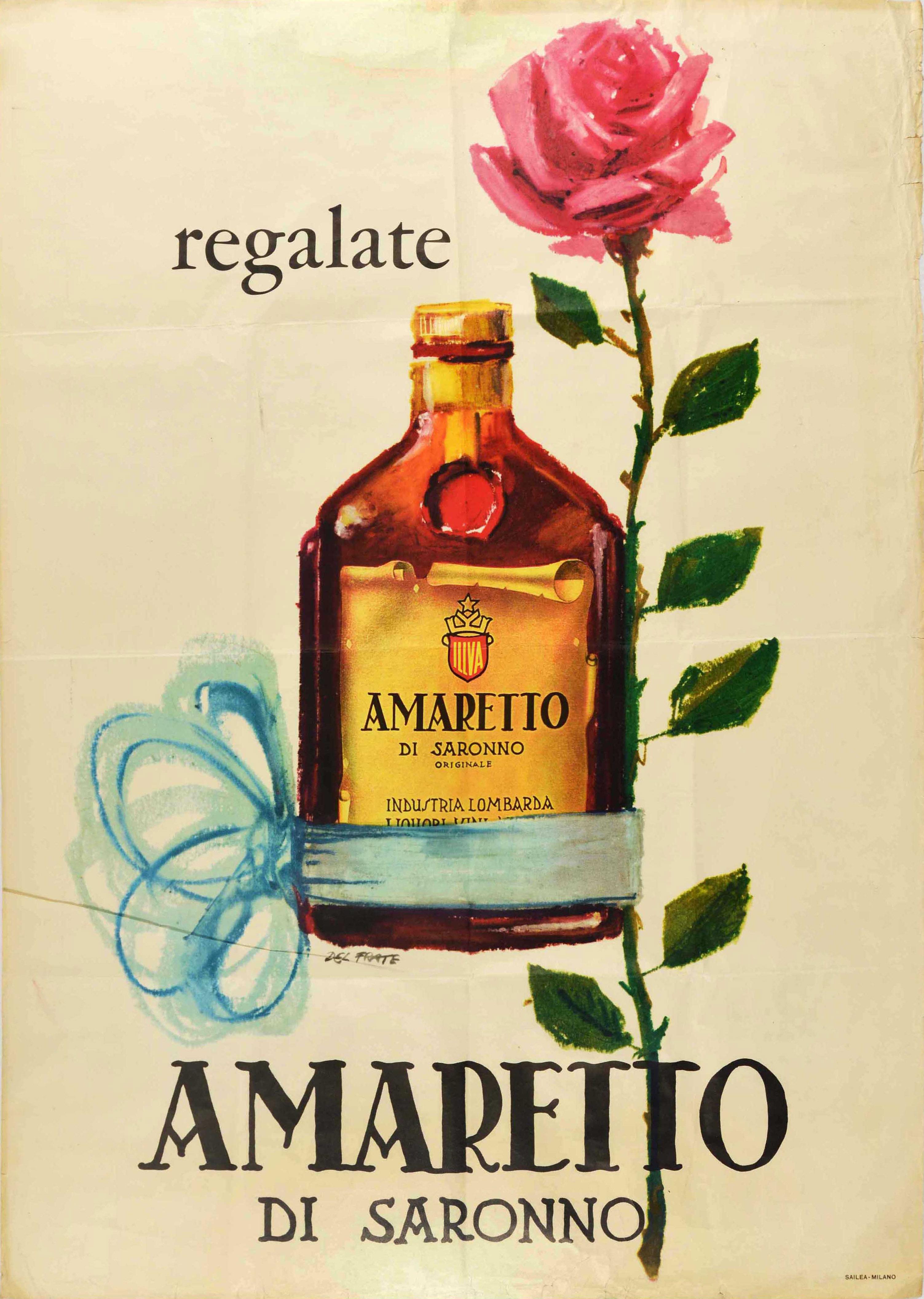 Walter Del Frate Print - Original Vintage Drink Poster Amaretto Di Saronno Liquor Gift Advertising Design