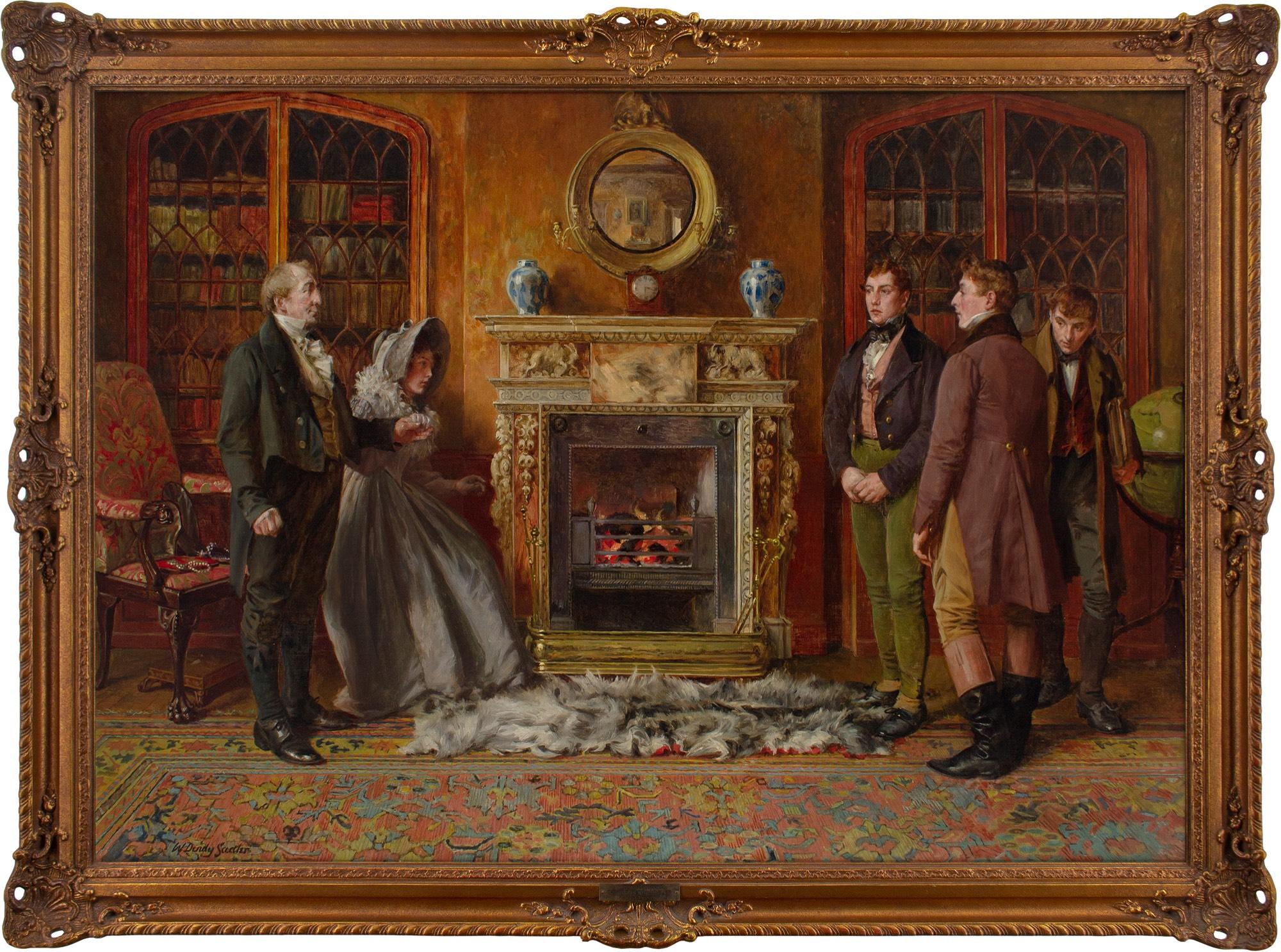 Questo affascinante dipinto a olio della fine del XIX secolo dell'artista inglese Walter Dendy Sadler RBA (1854-1923) raffigura una presentazione tra una giovane e pudica signora della Reggenza e il suo potenziale corteggiatore. Sadler era un