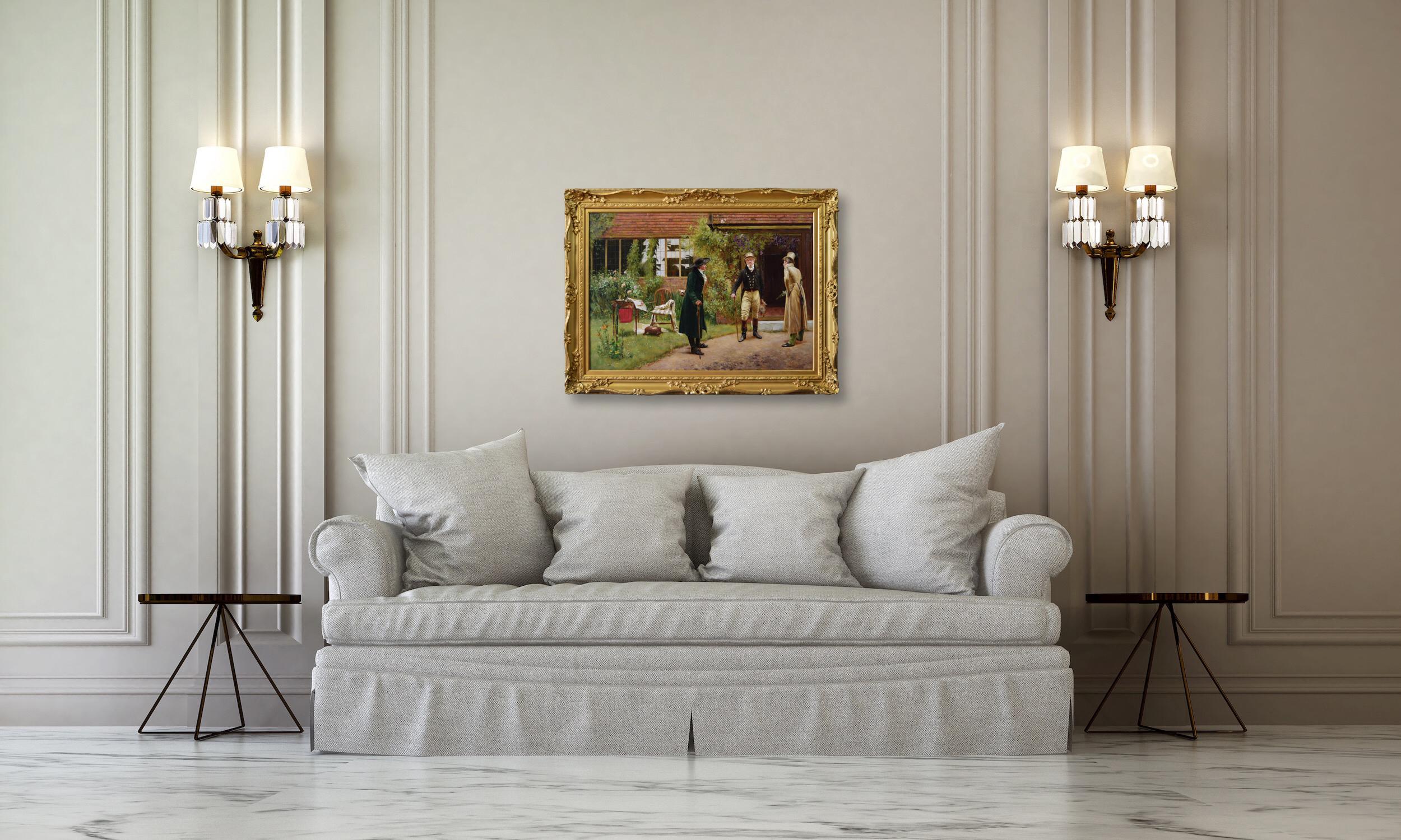 Peinture à l'huile de genre du 19e siècle représentant trois messieurs à l'extérieur d'une maison en vente 5