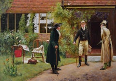 19th Century genre oil painting of three gentlemen outside a house