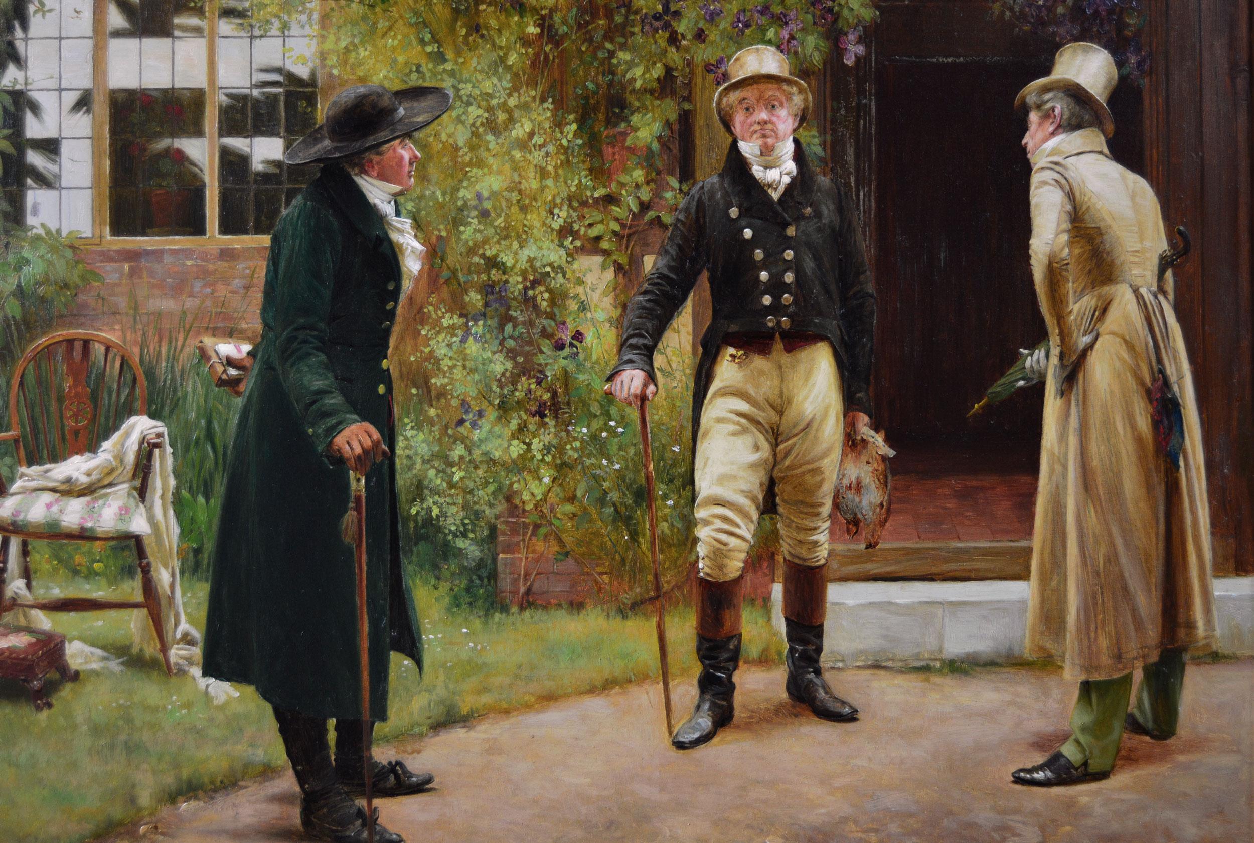 Peinture à l'huile de genre du 19e siècle représentant trois messieurs à l'extérieur d'une maison - Victorien Painting par Walter Dendy Sadler