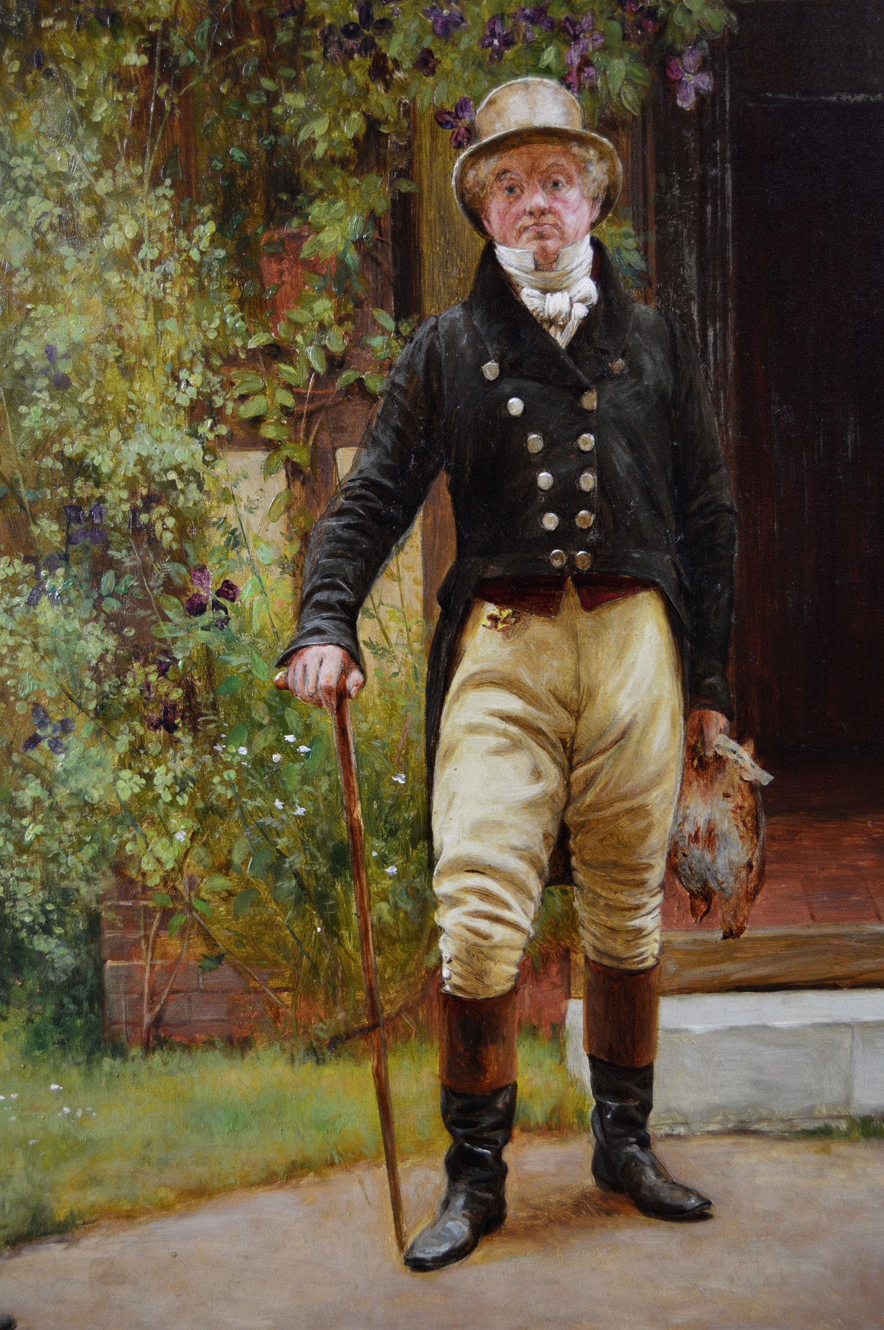 Peinture à l'huile de genre du 19e siècle représentant trois messieurs à l'extérieur d'une maison en vente 1