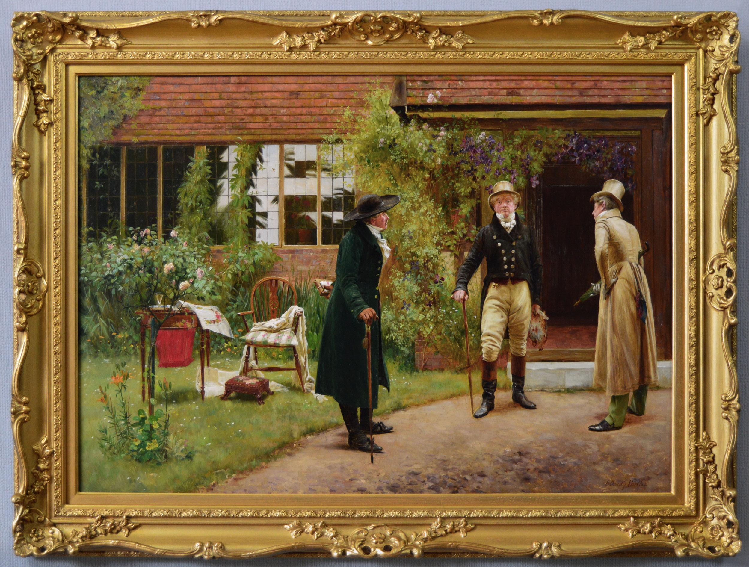 Walter Dendy Sadler Figurative Painting - 19th Century genre oil painting of three gentlemen outside a house 
