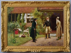 19th Century genre oil painting of three gentlemen outside a house 