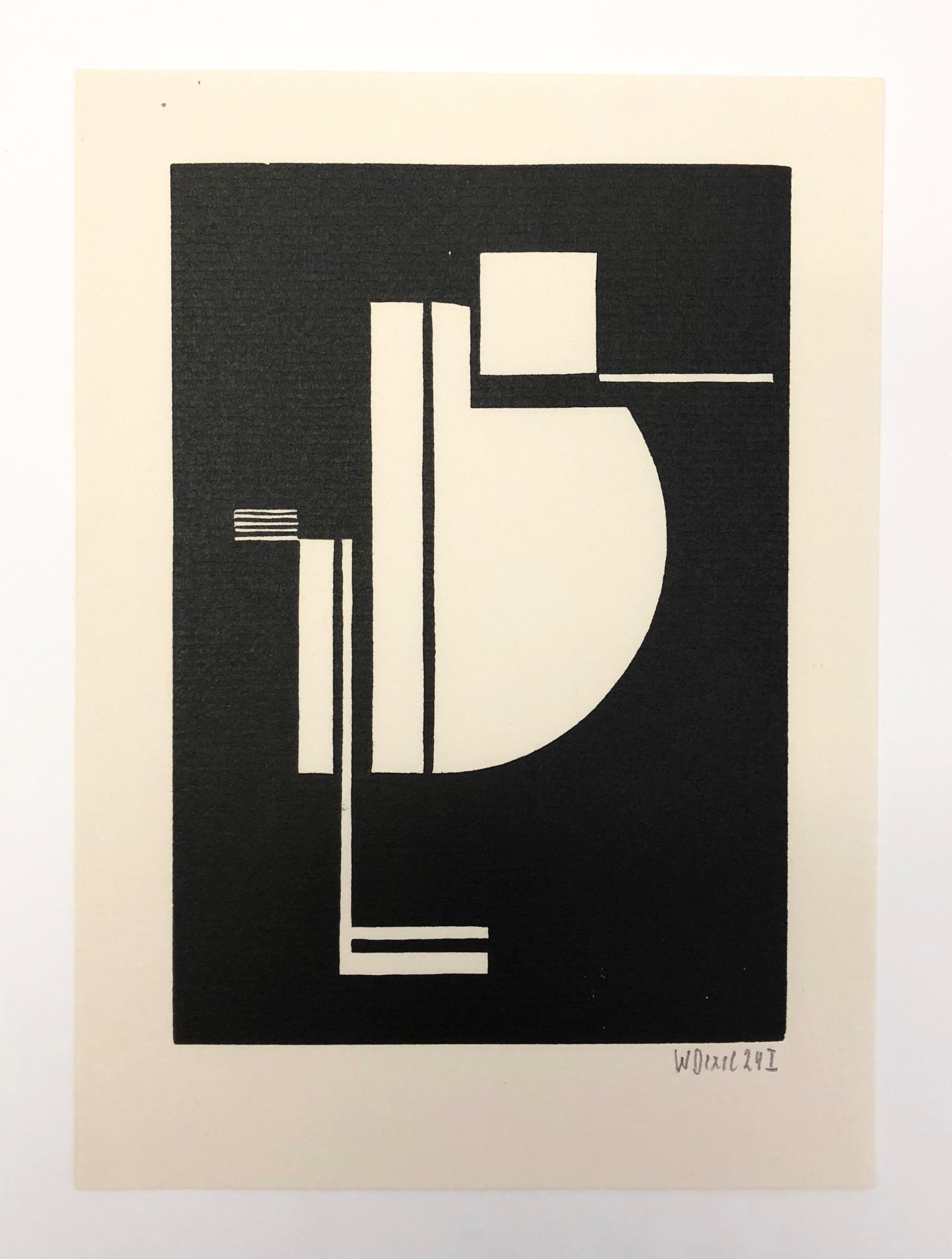 Ein seltener Holzschnitt von  Bauhaus-Professor Walter Dexel. Sehr schöner Holzschnitt von Walter Dexel aus dem Jahr 1924, sehr typische Bauhaus-Formen, hergestellt von der Edition Panderma in Basel. Bildmaße 16,2 x 13,2 cm, fixiert auf schwarzem