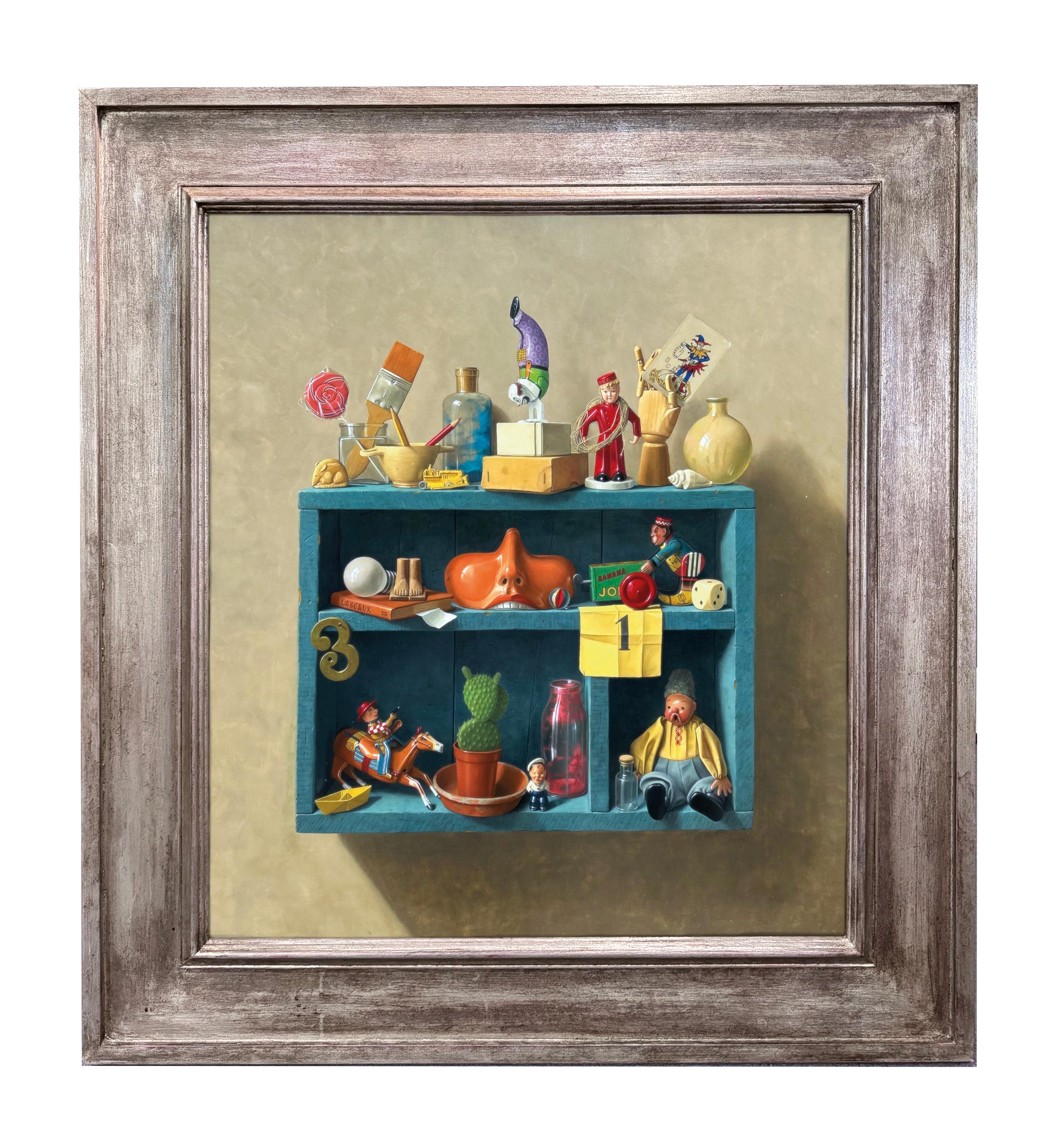 Jokers Wild-Nature morte nostalgique composée de jouets, de bibelots et d'outils artistiques - Painting de Walter Dolphyn