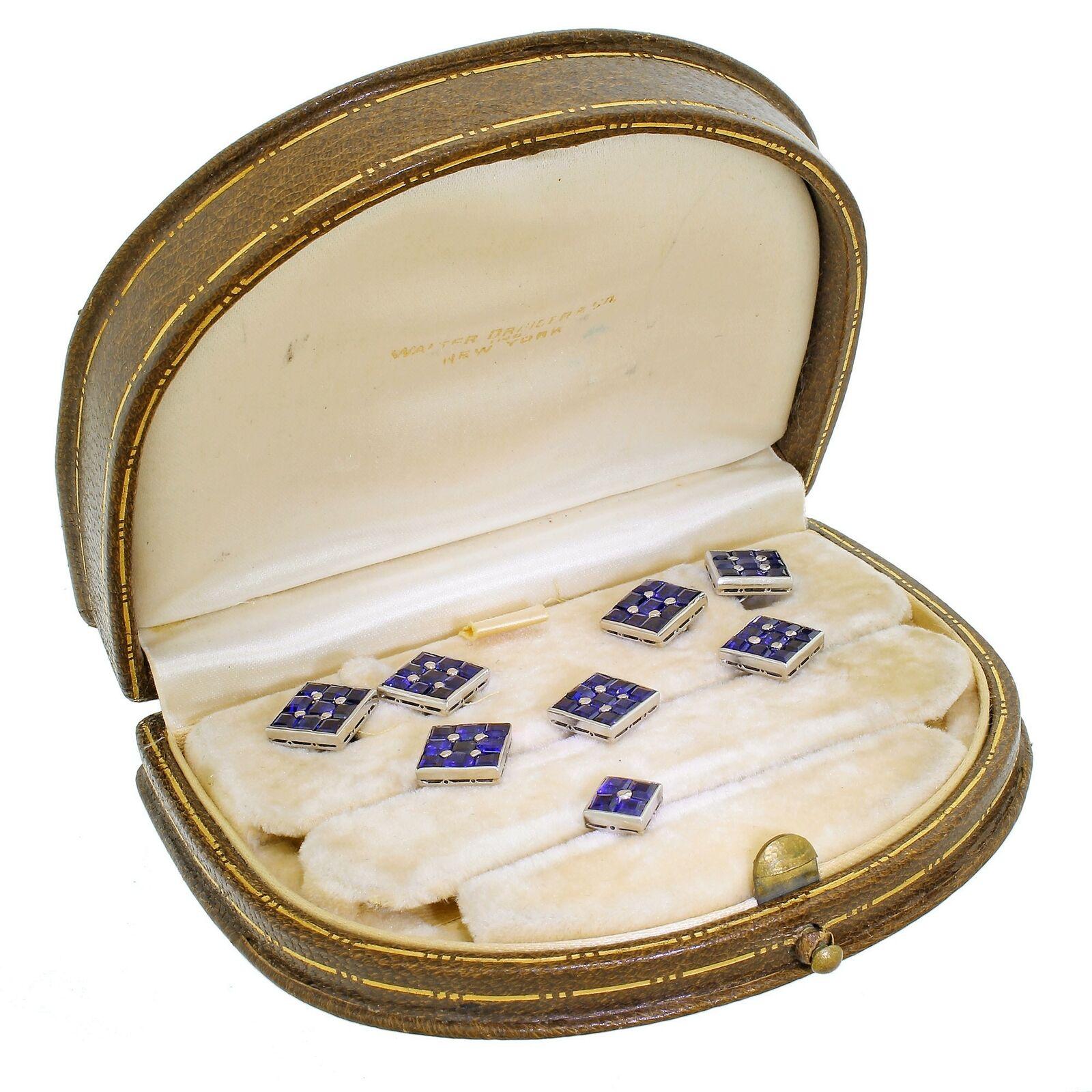 Fine quality, high-style Art Deco Men's Platinum & 18K white gold cufflinks and shirt set. The workmanship is exquisite, with 65 perfectly matched vivid royal blue sapphire gemstones, invisibly set into platinum, with 18K white gold hardware. There