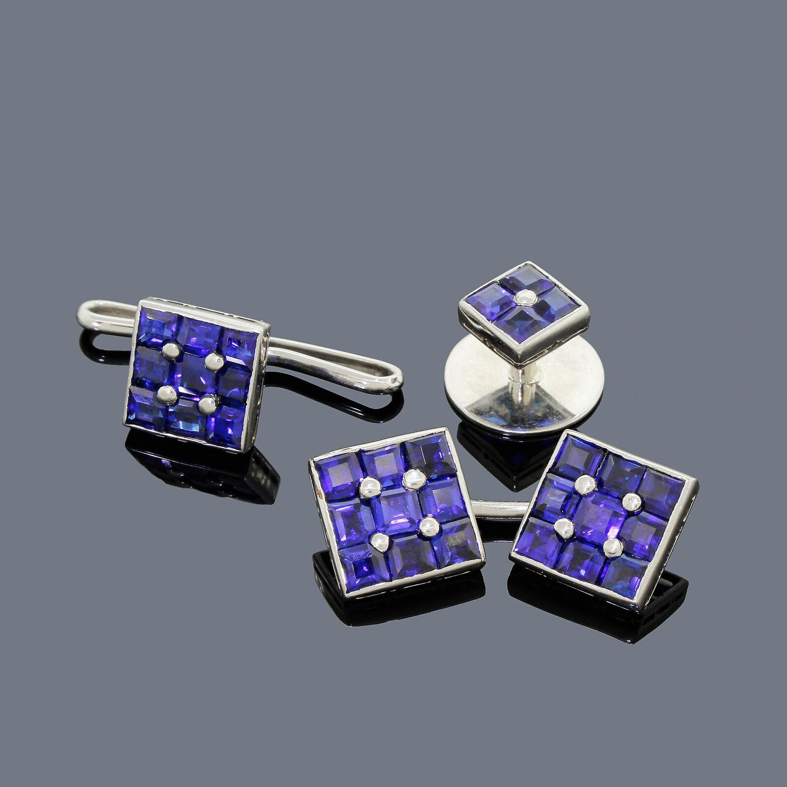 Walter Dreicer Art Deco Platinum and 18K Gold Sapphire Cufflinks and Shirt Set In Excellent Condition In Lauderdale by the Sea, FL