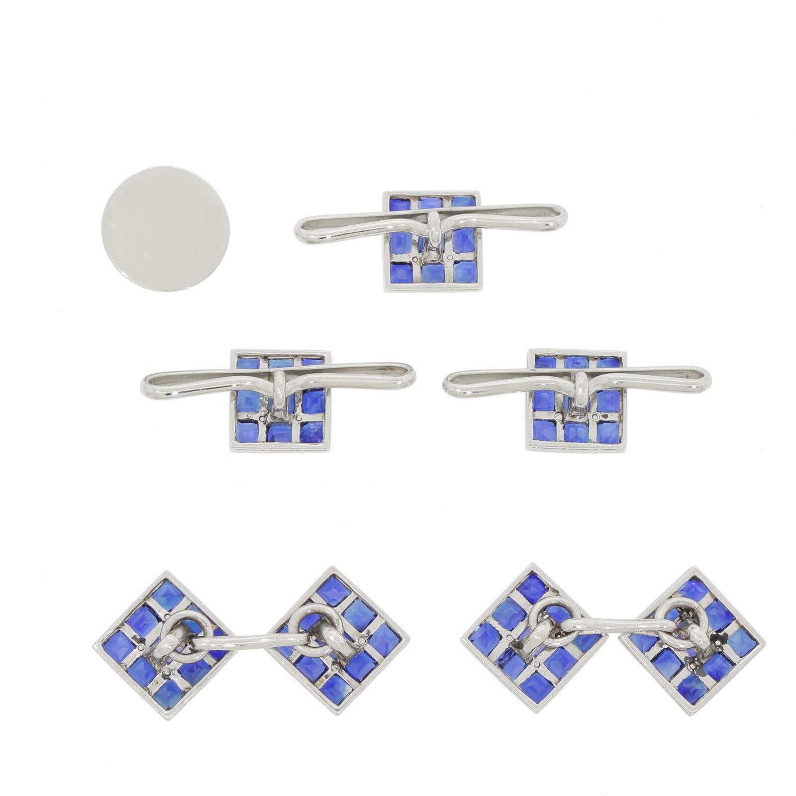 Walter Dreicer Art Deco Platinum and 18K Gold Sapphire Cufflinks and Shirt Set 1