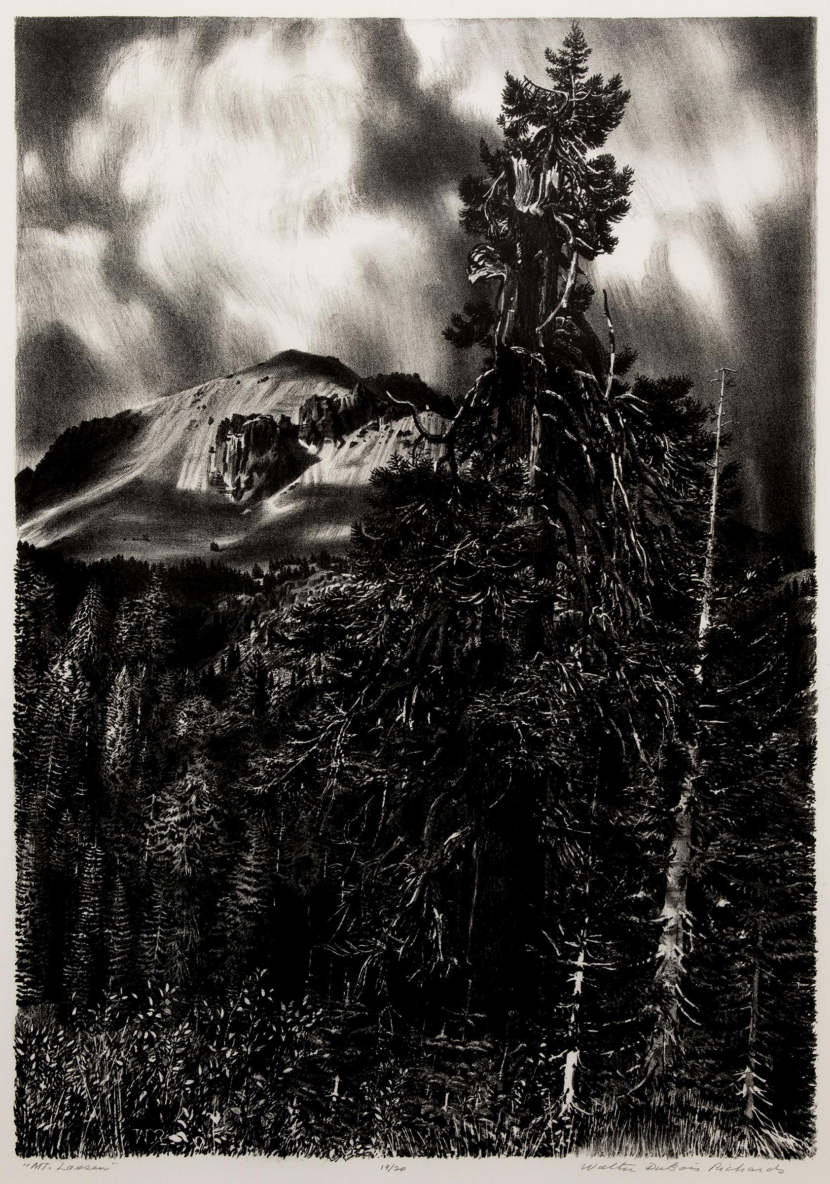 Lithographie de paysage de montagne en noir et blanc de Mt Lassen, Californie du Nord - Print de Walter DuBois Richards
