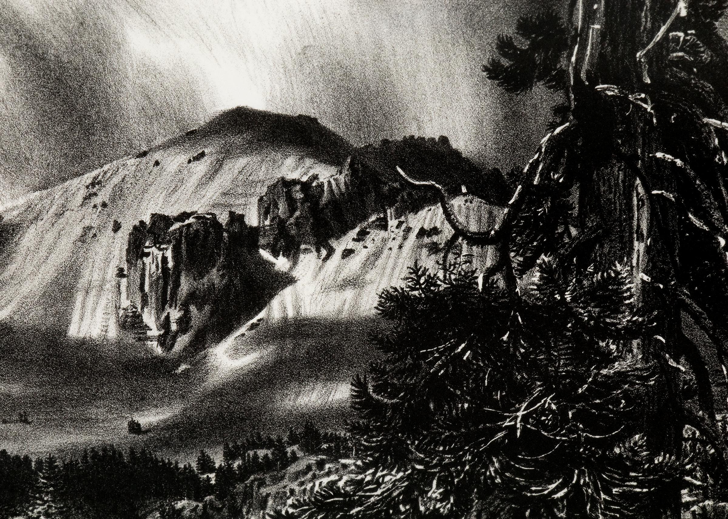 Lithographie de paysage de montagne en noir et blanc de Mt Lassen, Californie du Nord en vente 1