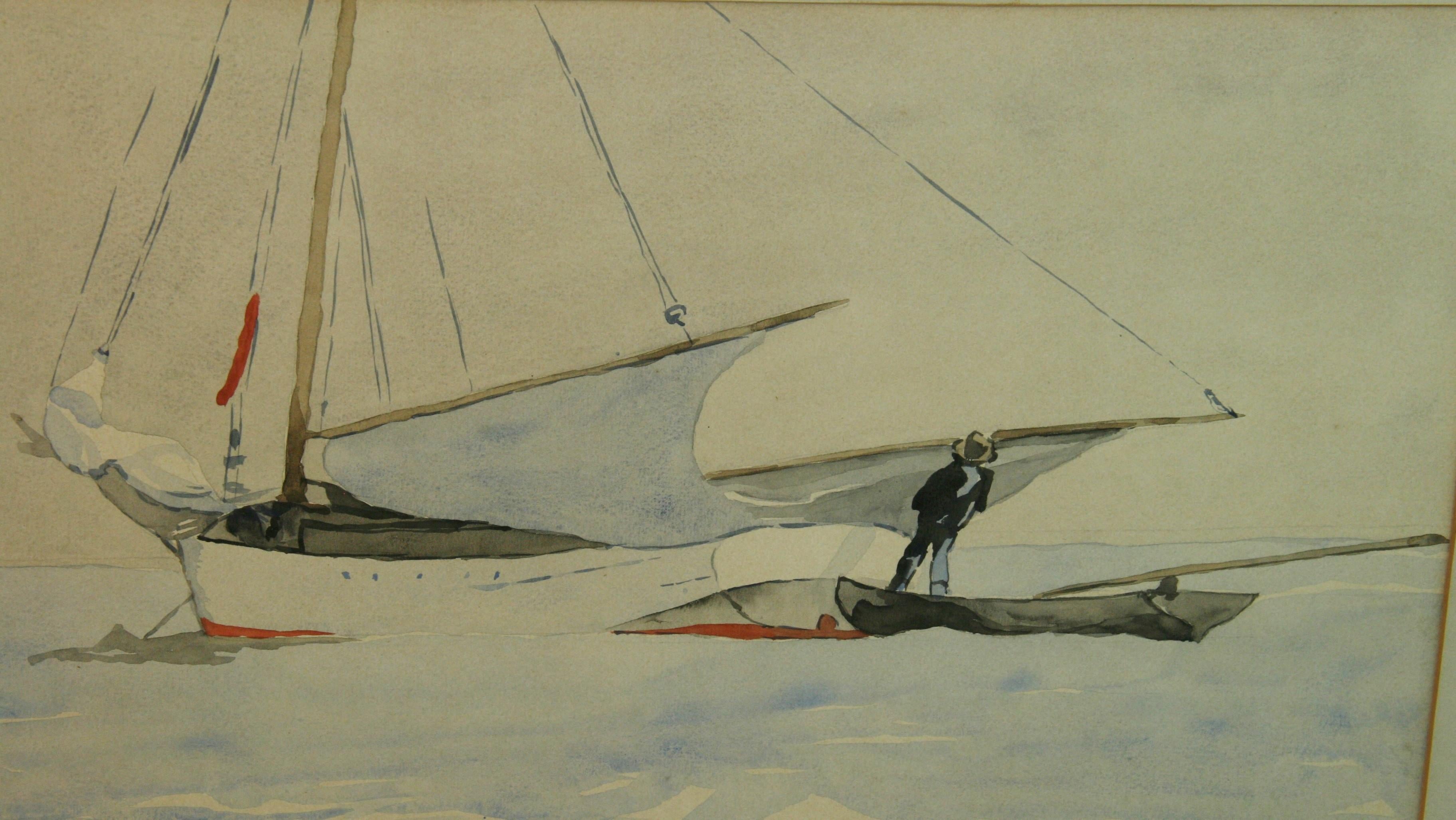 Preparing to Sail - Beige Landscape Painting by Walter Dugan