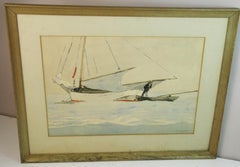 Segelvorbereitung Gouache-Gemälde, gerahmt, 1950er Jahre, 18x13" Bild