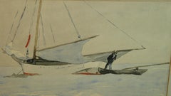 Segelvorbereitung Gouache-Gemälde, gerahmt, 1950er Jahre, 18x13" Bild