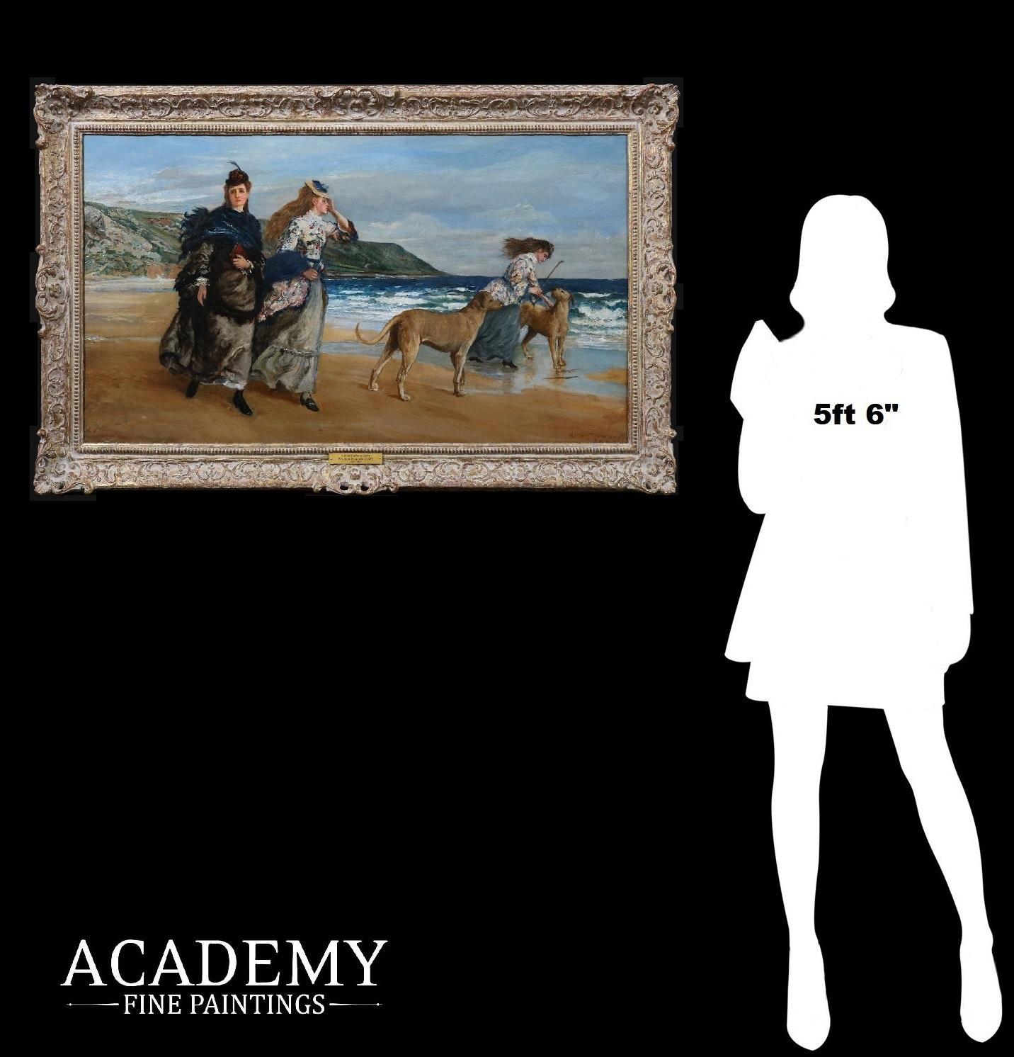 Walter Duncan ARWS Figurative Painting – 19th Century English Impressionist Ölgemälde Mädchen und Hunde am Strand im Frühling