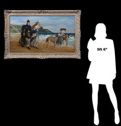 19th Century English Impressionist Oil Painting Girls & Dogs on Beach in Spring