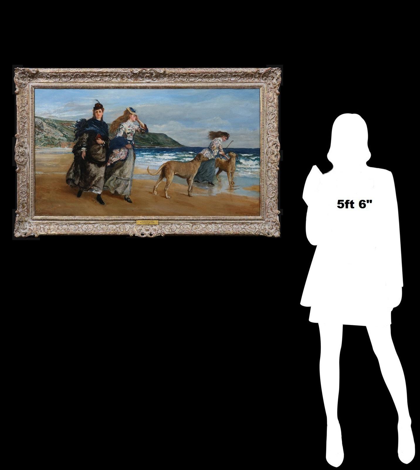 Pittura ad olio English Impressionist del XIX secolo Ragazze e cani sulla spiaggia in primavera - Painting Impressionismo di Walter Duncan ARWS