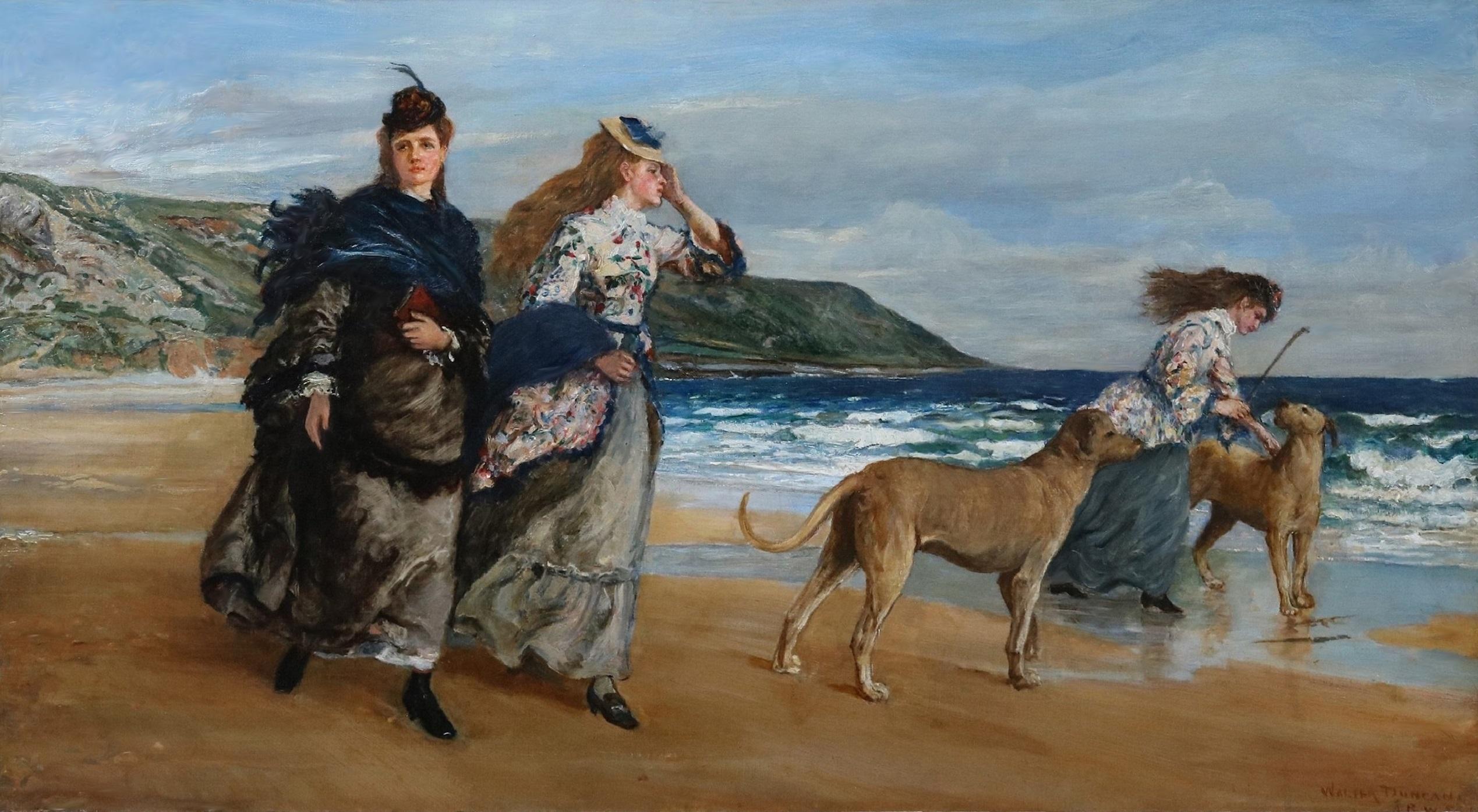 Pittura ad olio English Impressionist del XIX secolo Ragazze e cani sulla spiaggia in primavera - Figurative Painting Grigio di Walter Duncan ARWS