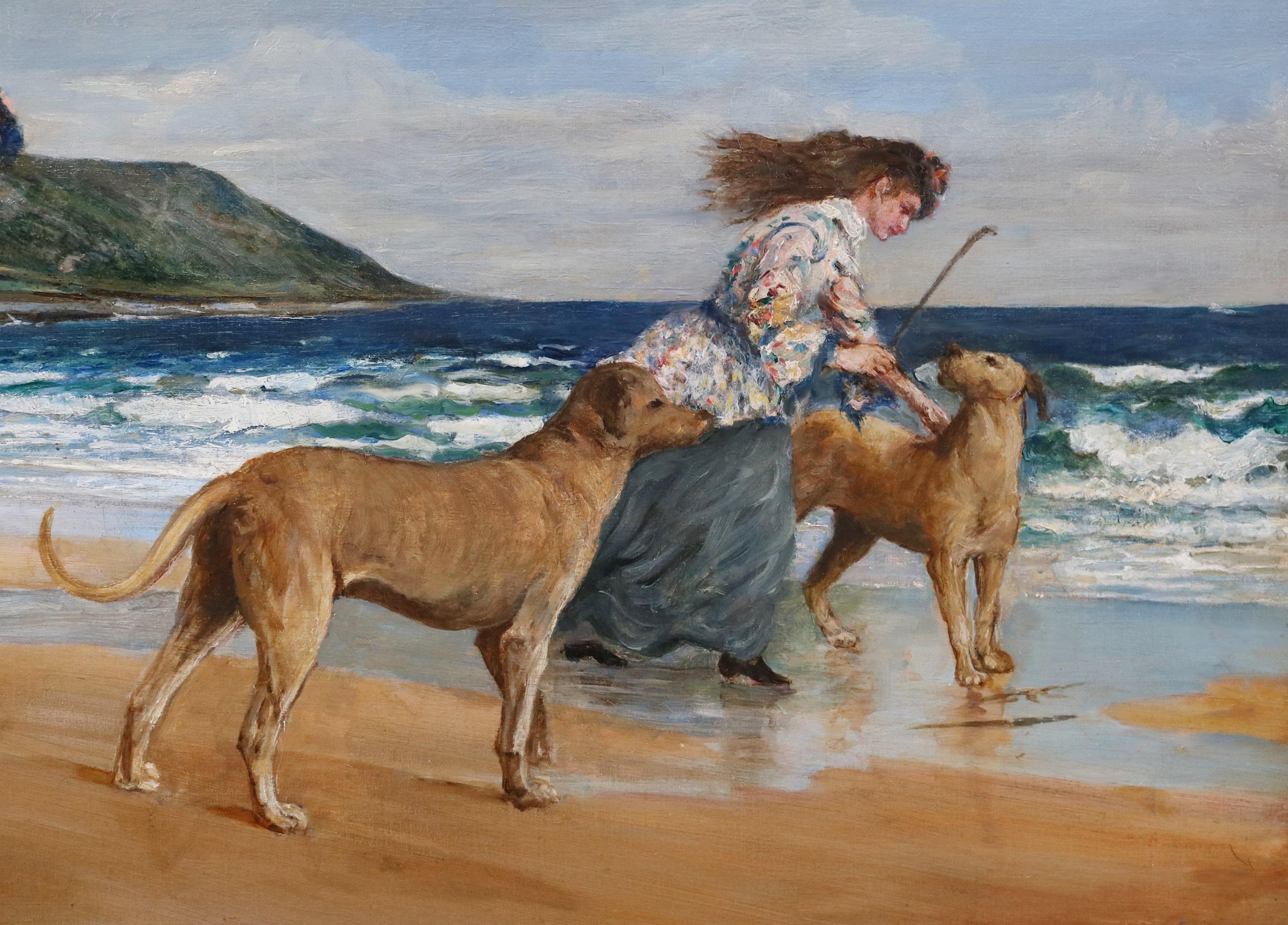 Pittura ad olio English Impressionist del XIX secolo Ragazze e cani sulla spiaggia in primavera in vendita 1